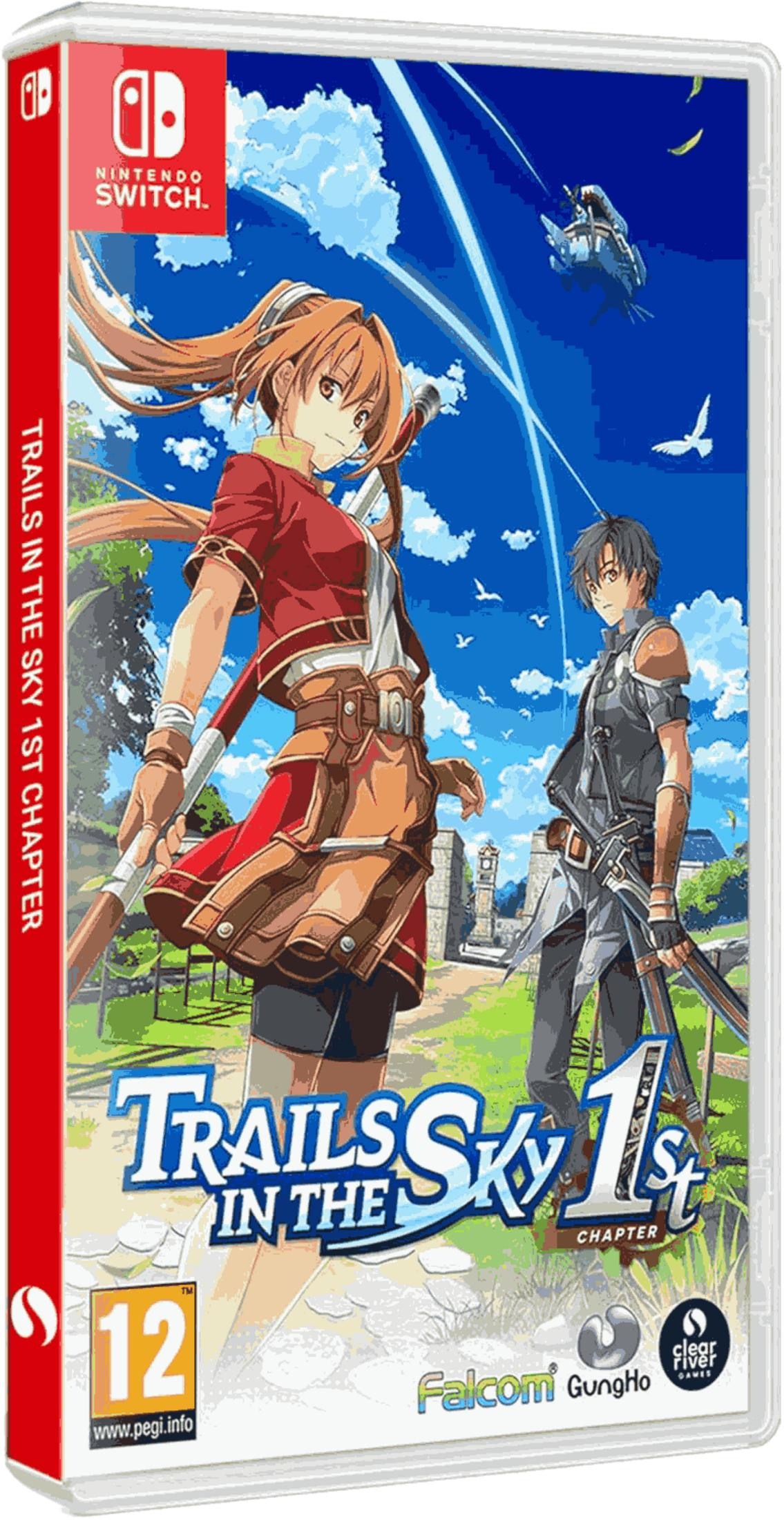 Copertina gioco Nintendo Switch: Trails in the Sky 1st Chapter. Personaggi anime, cielo e castello.