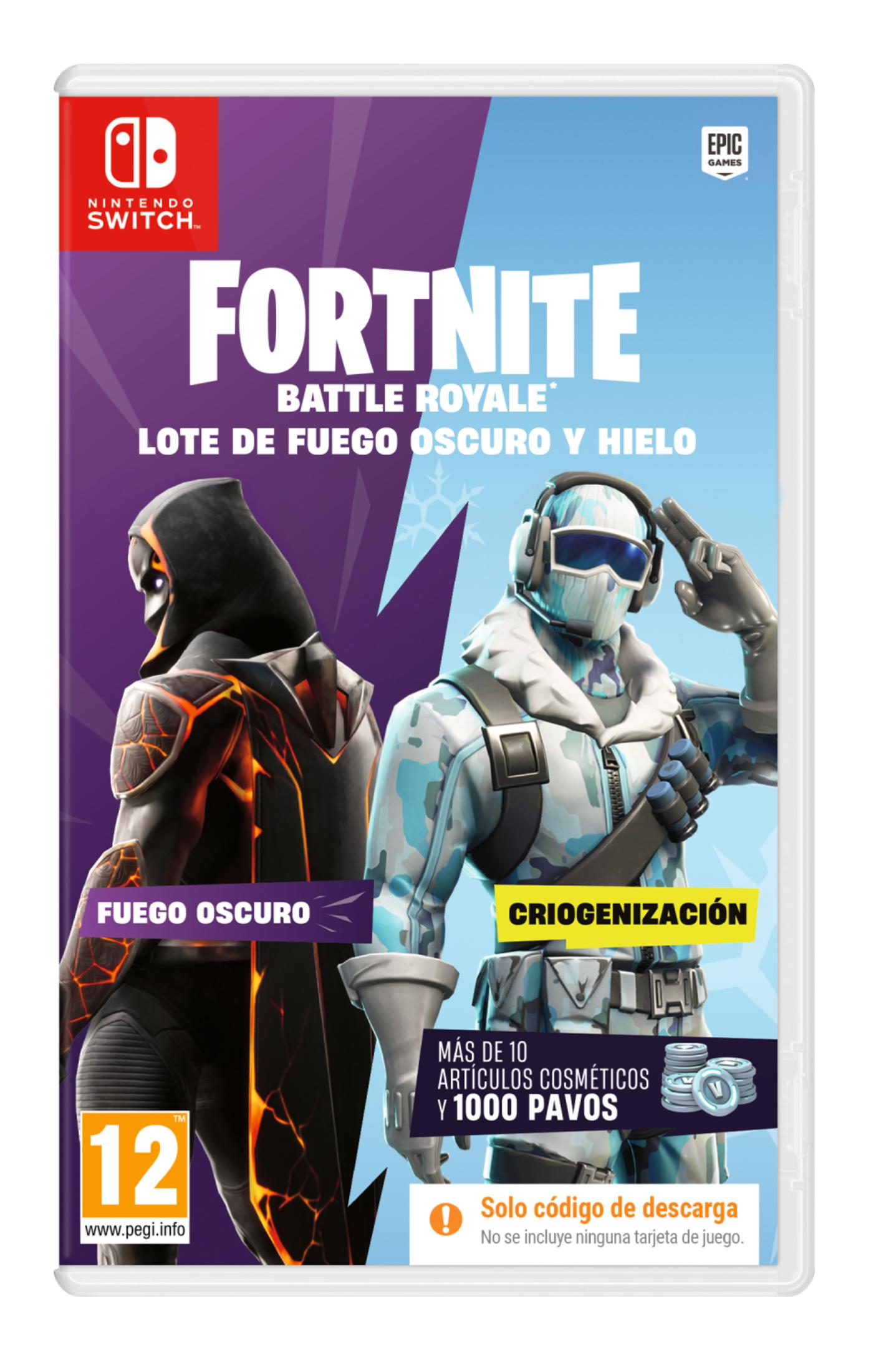 Portada del juego Fortnite con personajes de fuego y hielo, logo Nintendo Switch.