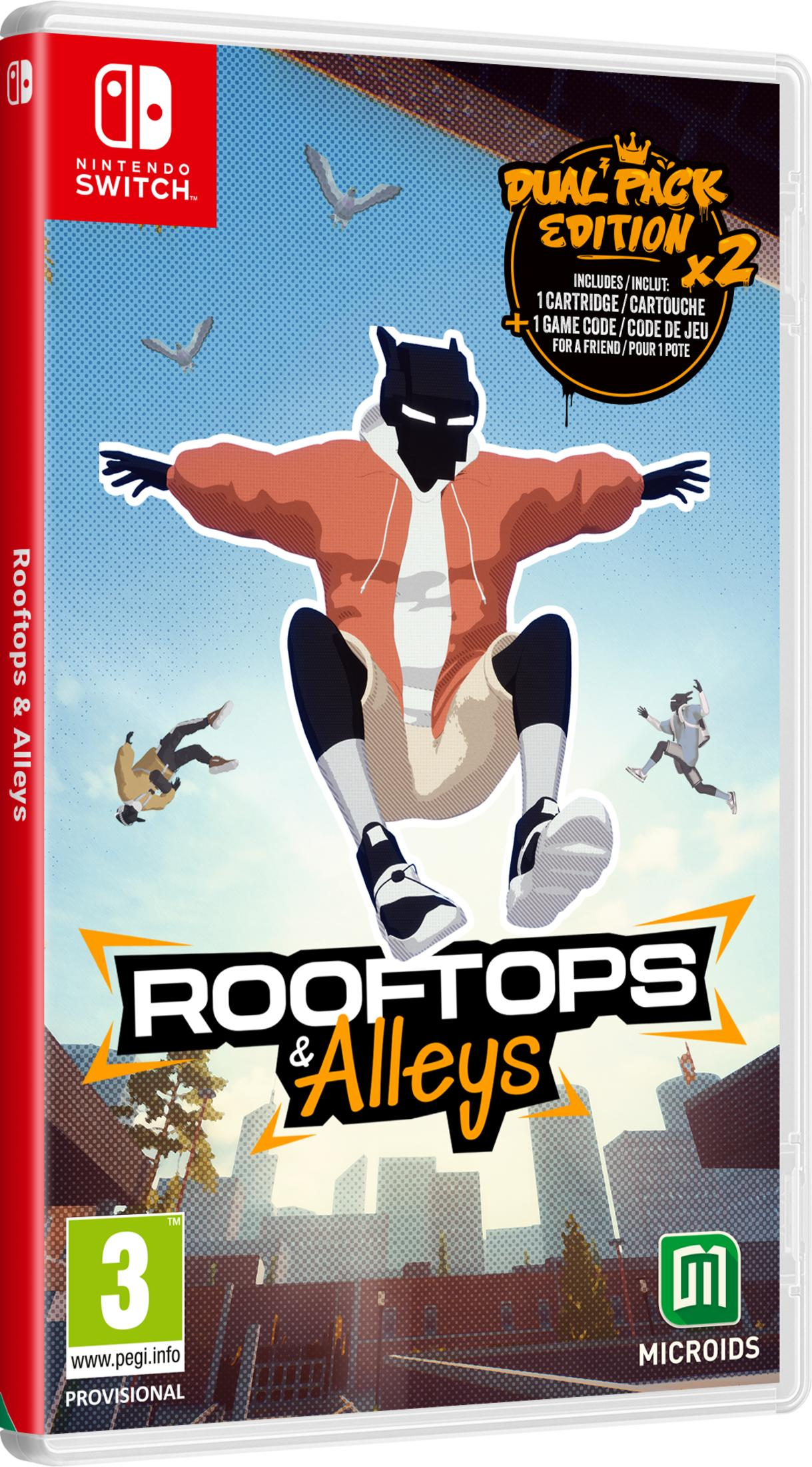 Nintendo Switch Spiel "Rooftops & Alleys" Dual Pack Edition. Ein Charakter springt, Vögel fliegen.