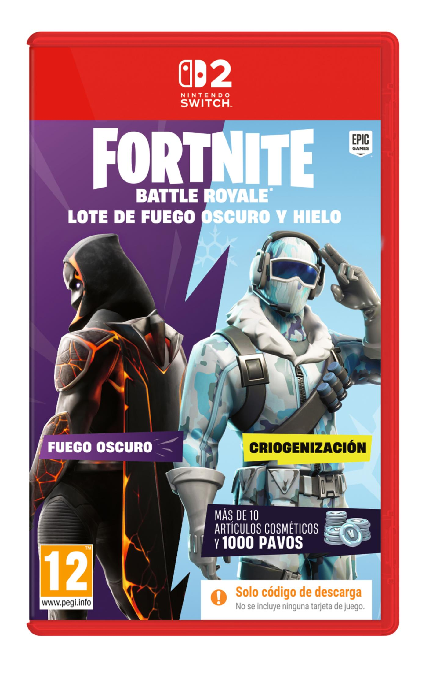 Okładka gry Fortnite na Nintendo Switch, z postaciami ognia i lodu.