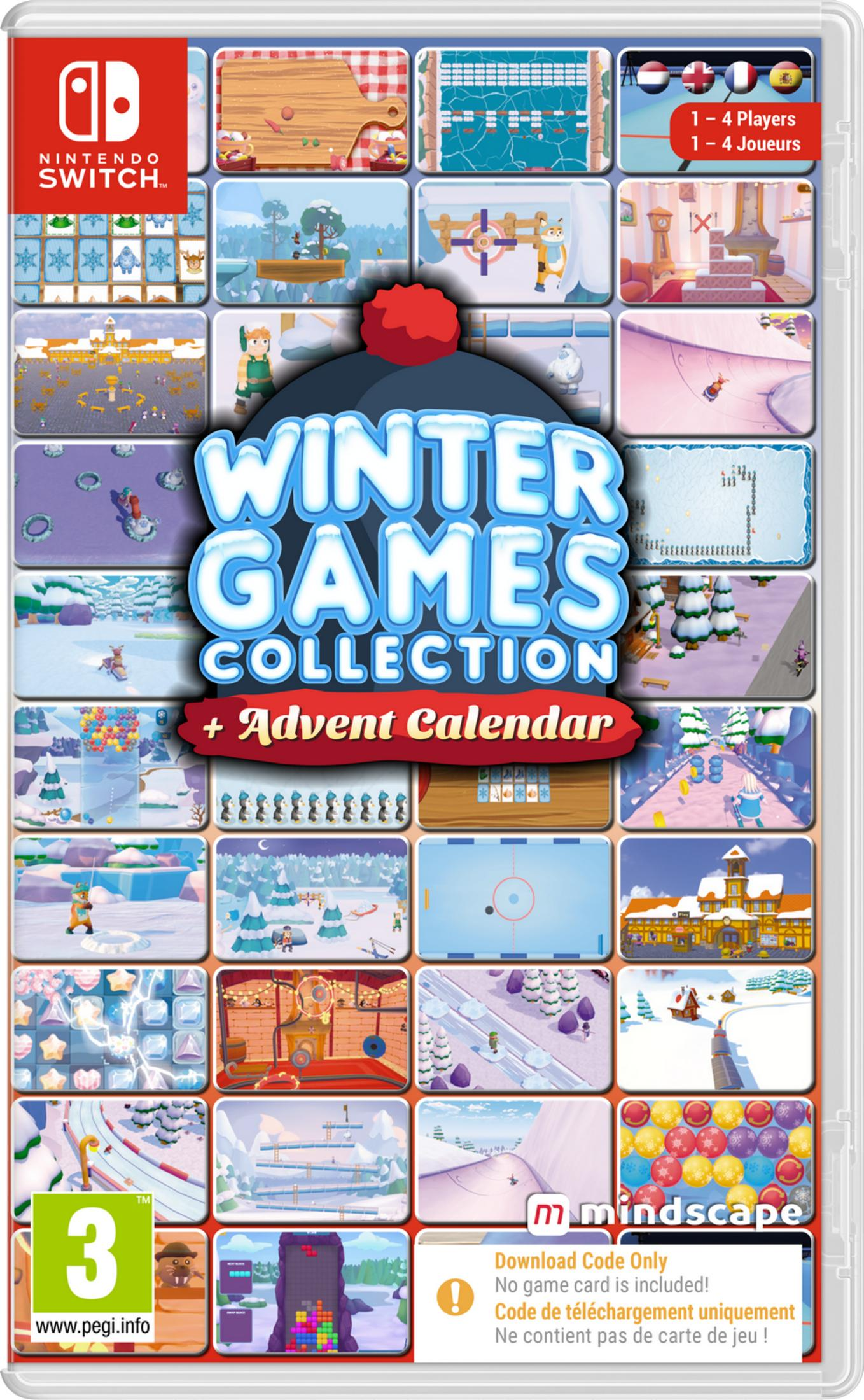 Funda de Nintendo Switch con "Winter Games Collection" y muchas capturas de juegos pequeñas.