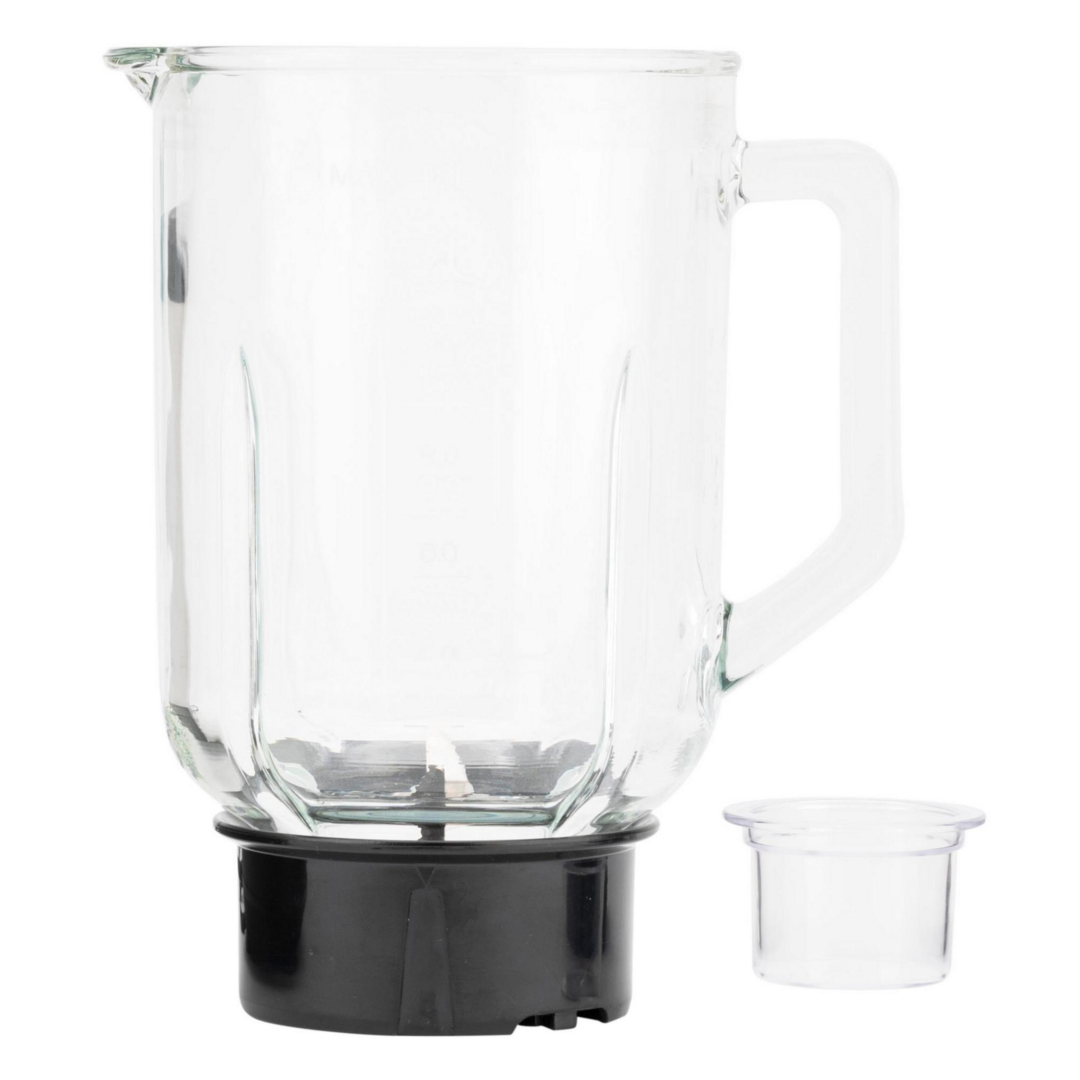 Caraffa frullatore in vetro con base nera e piccolo misurino.