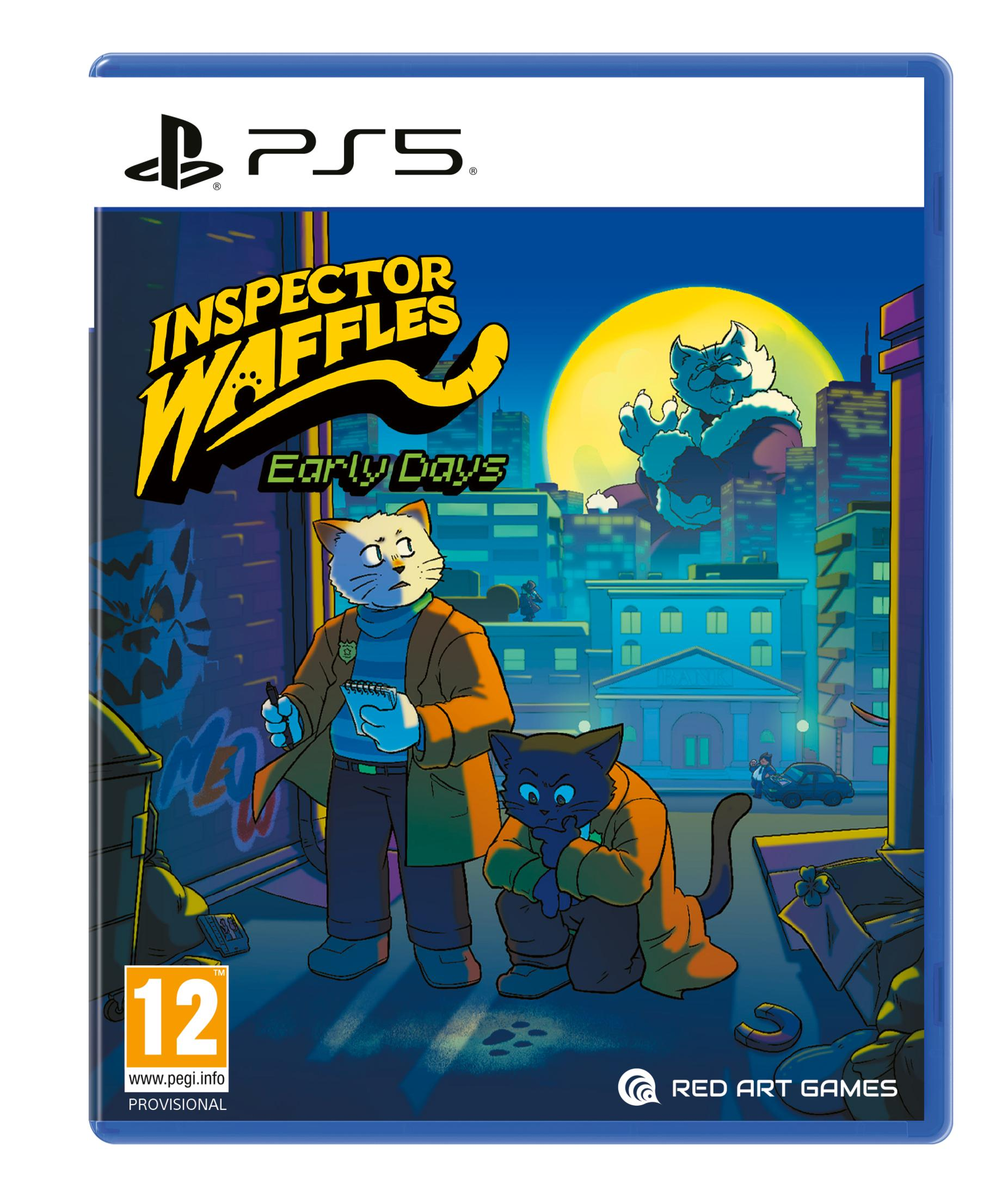 Copertina gioco PS5: Inspector Waffles Early Days. Due gatti in trench, città di notte.