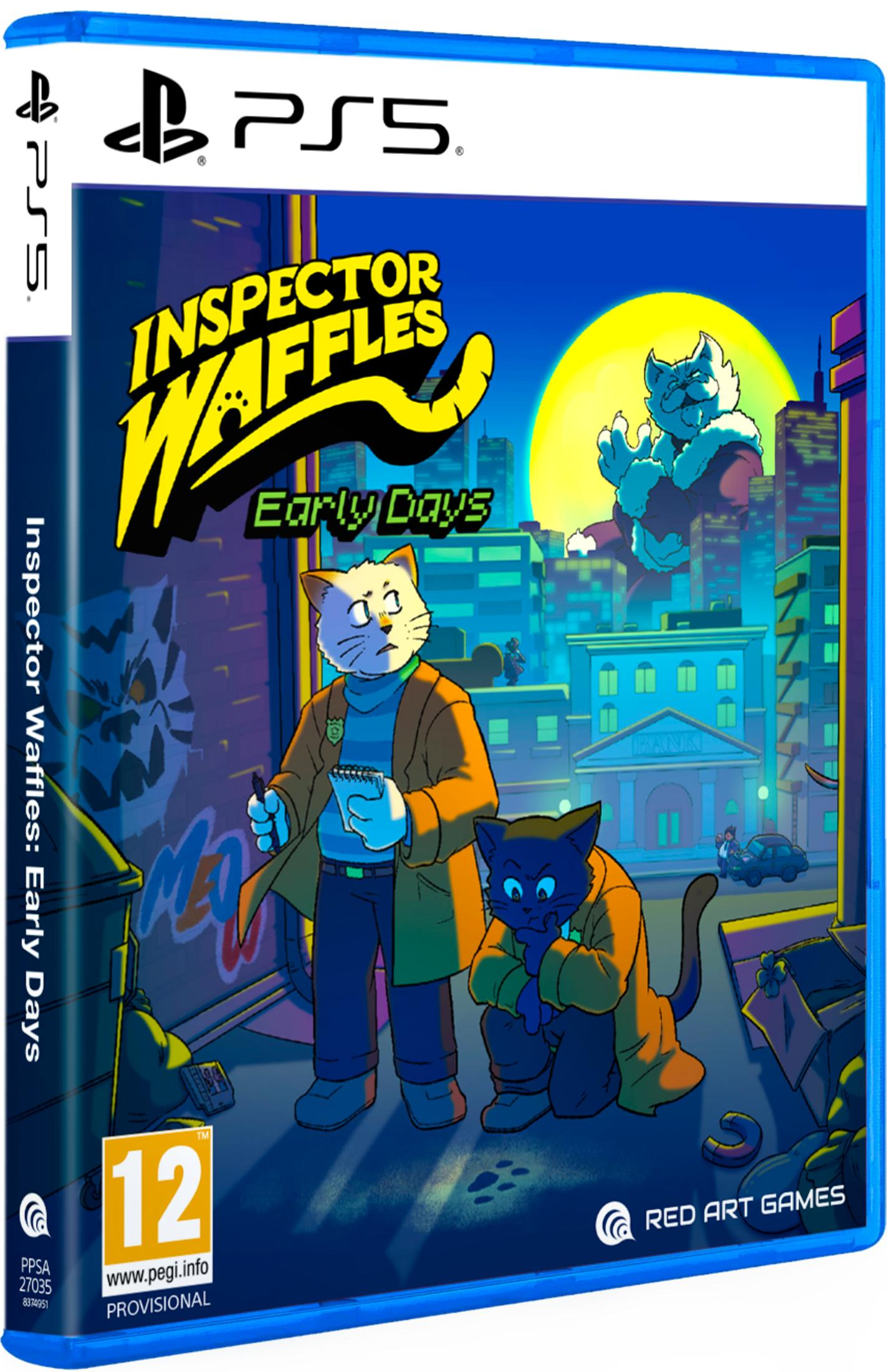 Copertina gioco: Inspector Waffles Early Days PS5. Due gatti in trench investigano.