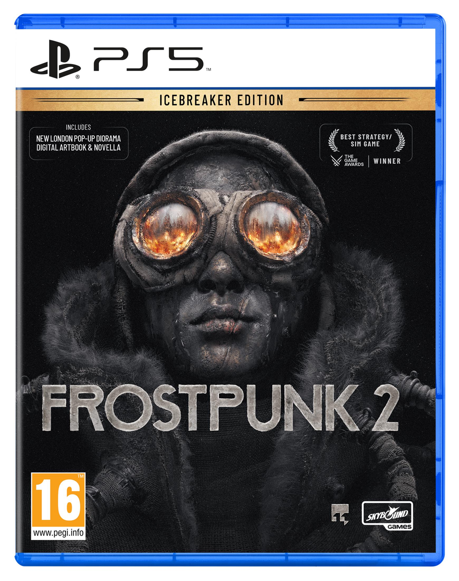 Copertina del gioco Frostpunk 2 PS5 Edizione Icebreaker. Raffigura un personaggio con occhiali.