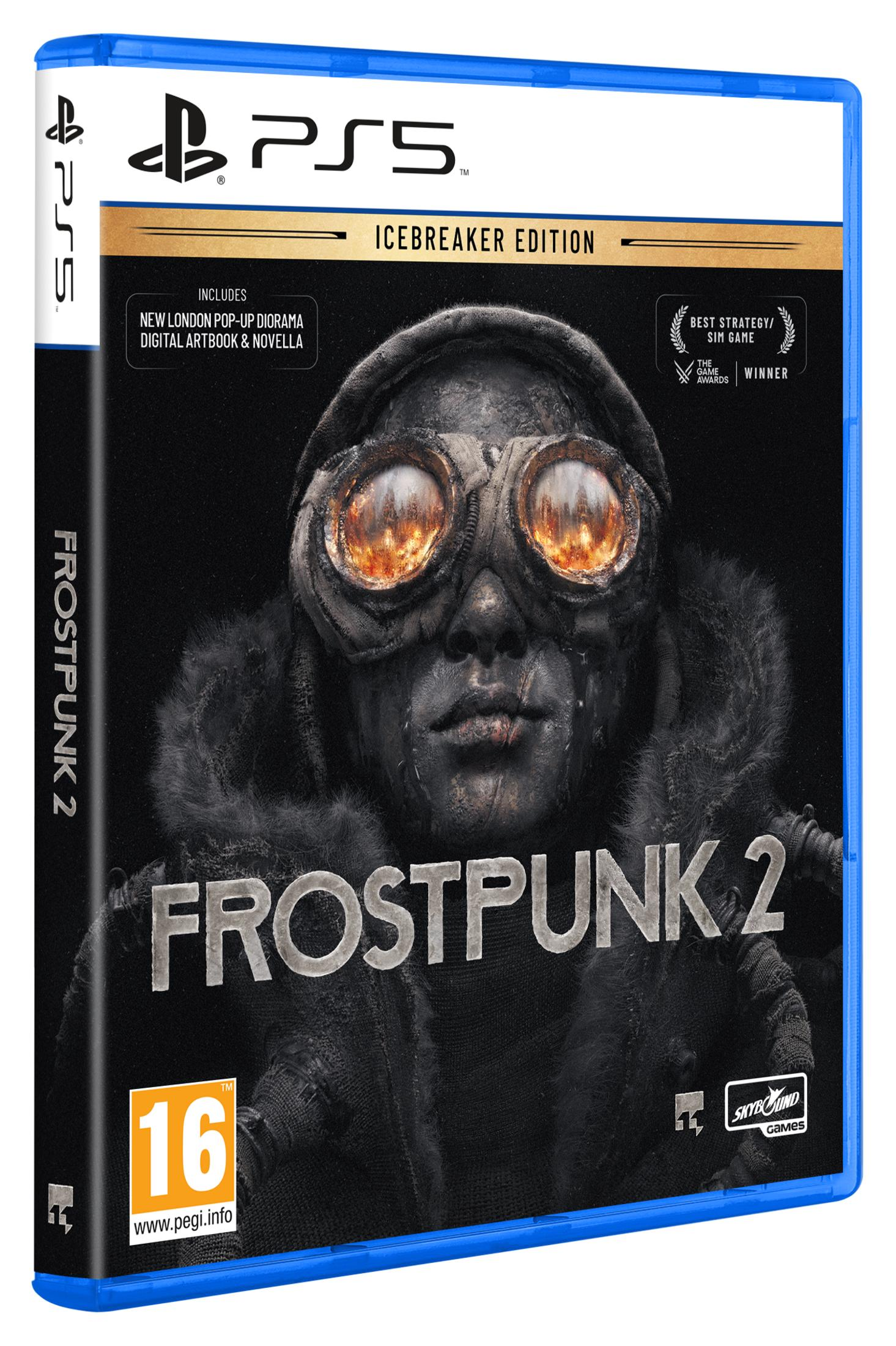 Gioco PS5 'Frostpunk 2 Icebreaker Edition' con personaggio cupo e classificazione PEGI 16.