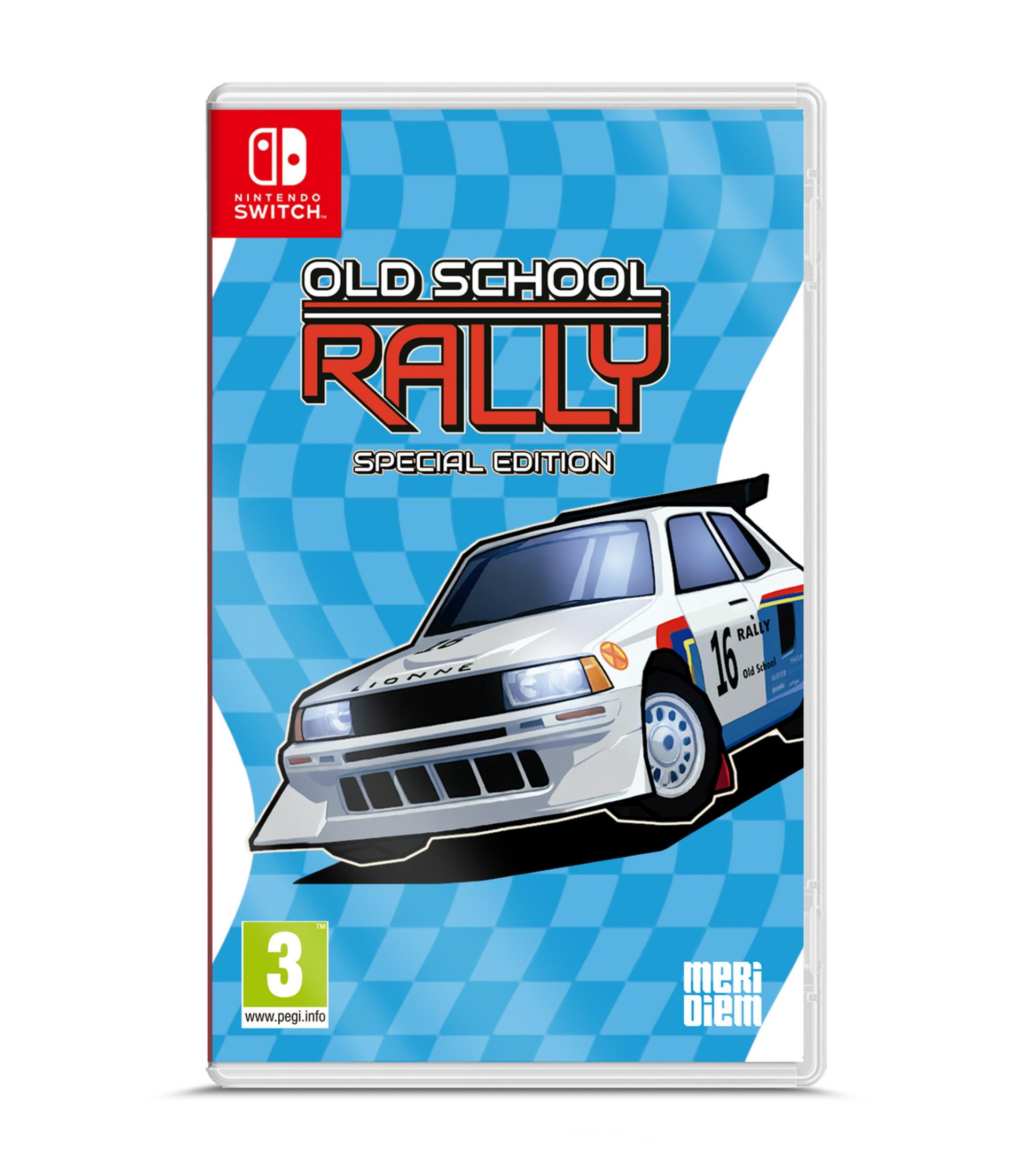 Custodia gioco Nintendo Switch per Old School Rally: Special Edition, con un'auto da rally bianca.