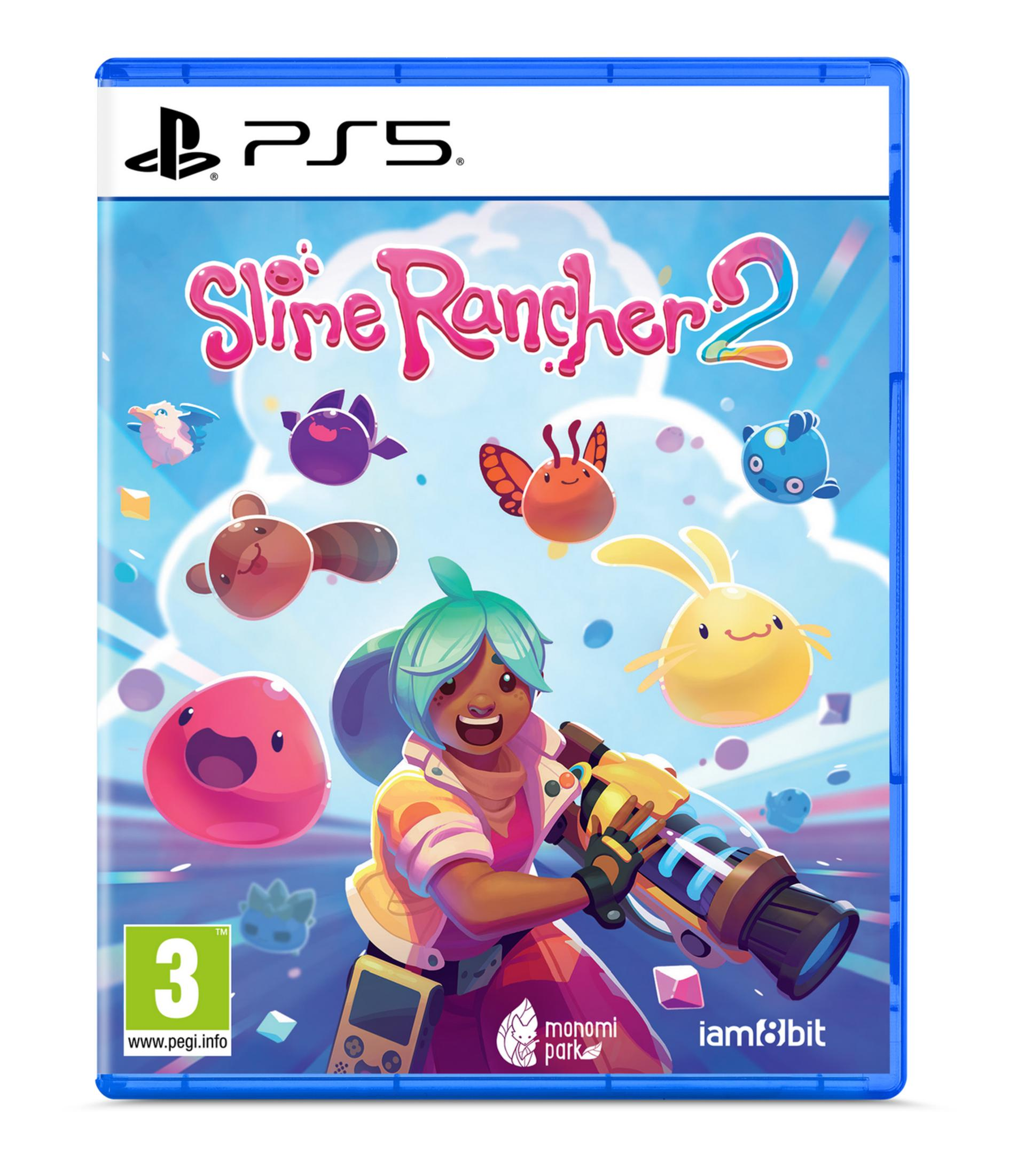 Custodia gioco PS5: Ragazza con capelli verdi tiene un blaster per slime, circondata da slime colorati.
