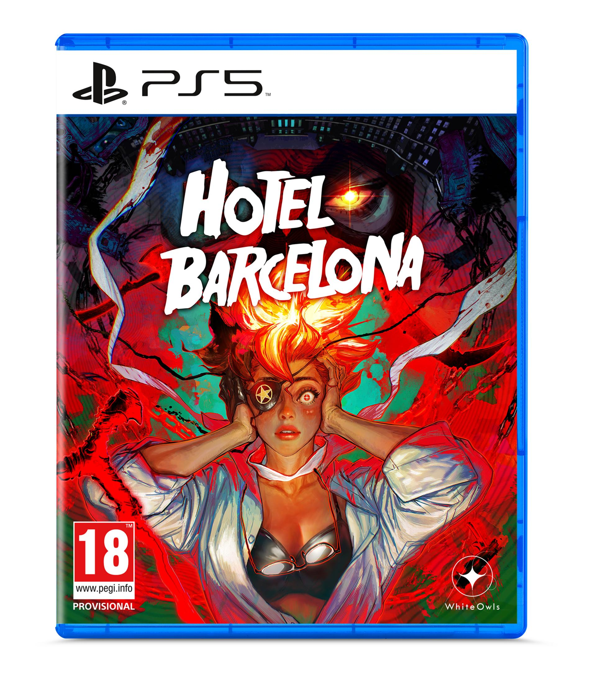 Funda de juego PS5 "Hotel Barcelona" con mujer pelirroja y parche en el ojo.
