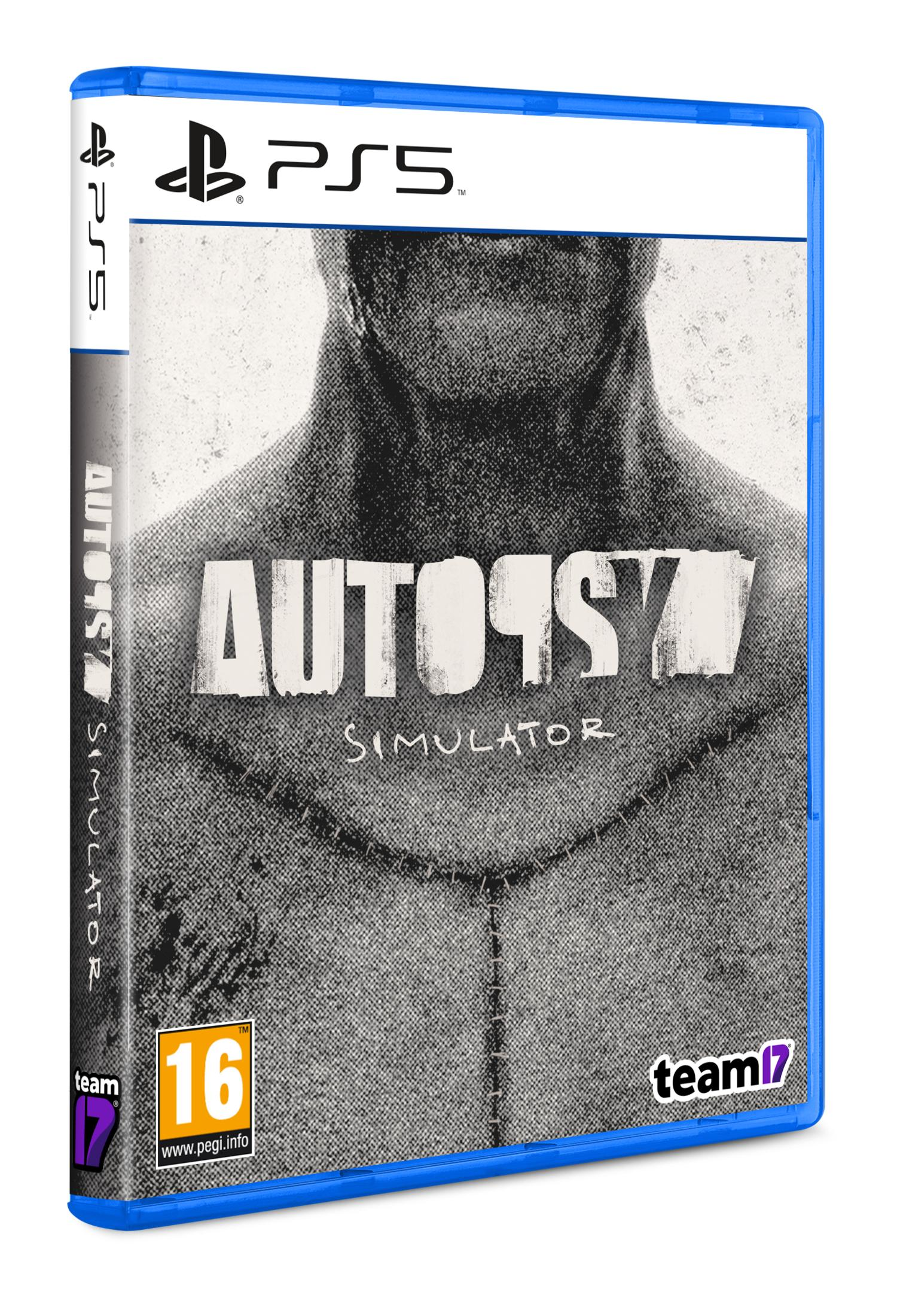 Caja del juego PS5 Autopsy Simulator con textura oscura y cosida y calificación PEGI 16.