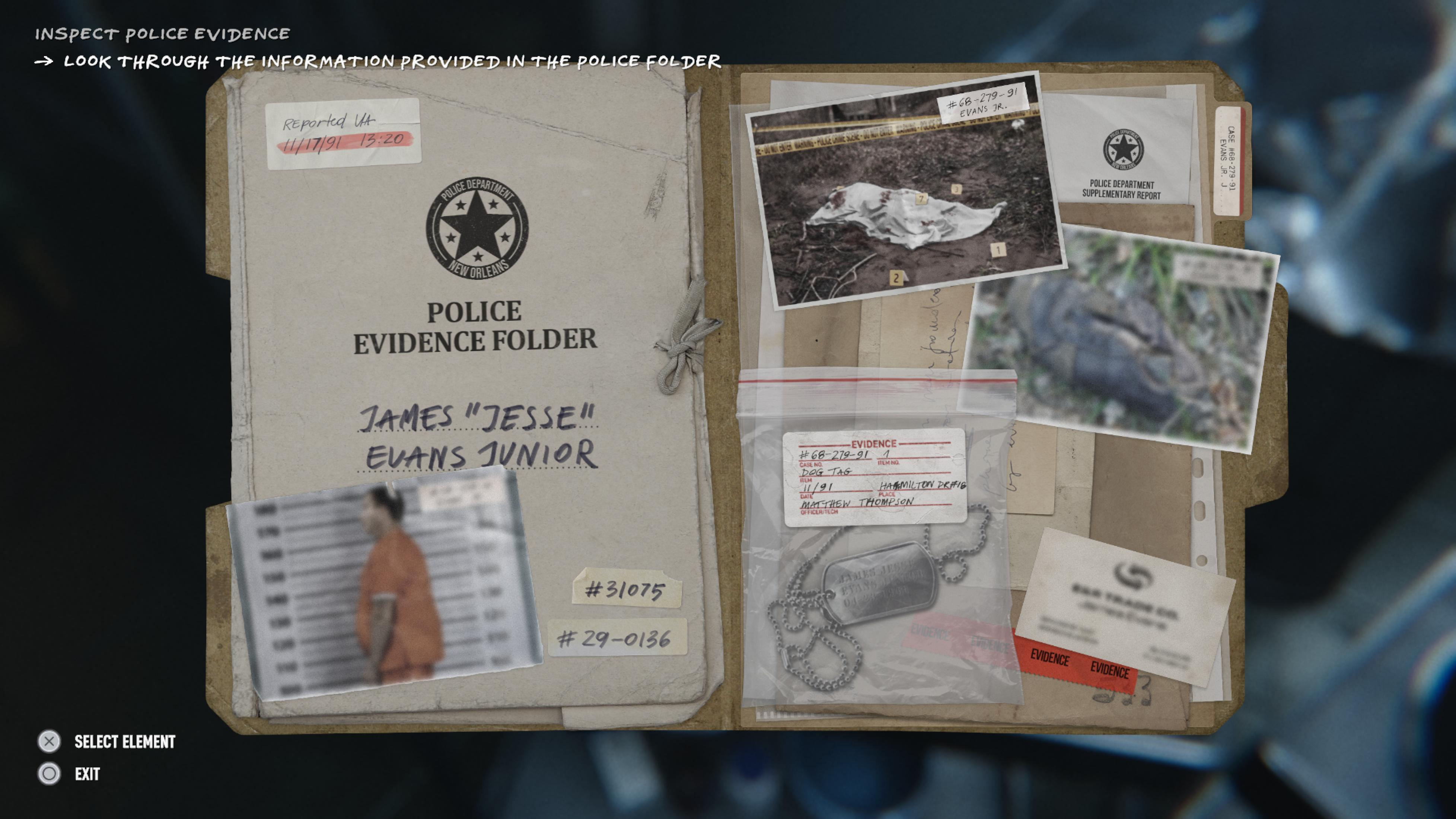 Carpeta de pruebas policiales con fotos de la escena del crimen, una chapa y foto de James Evans Jr.