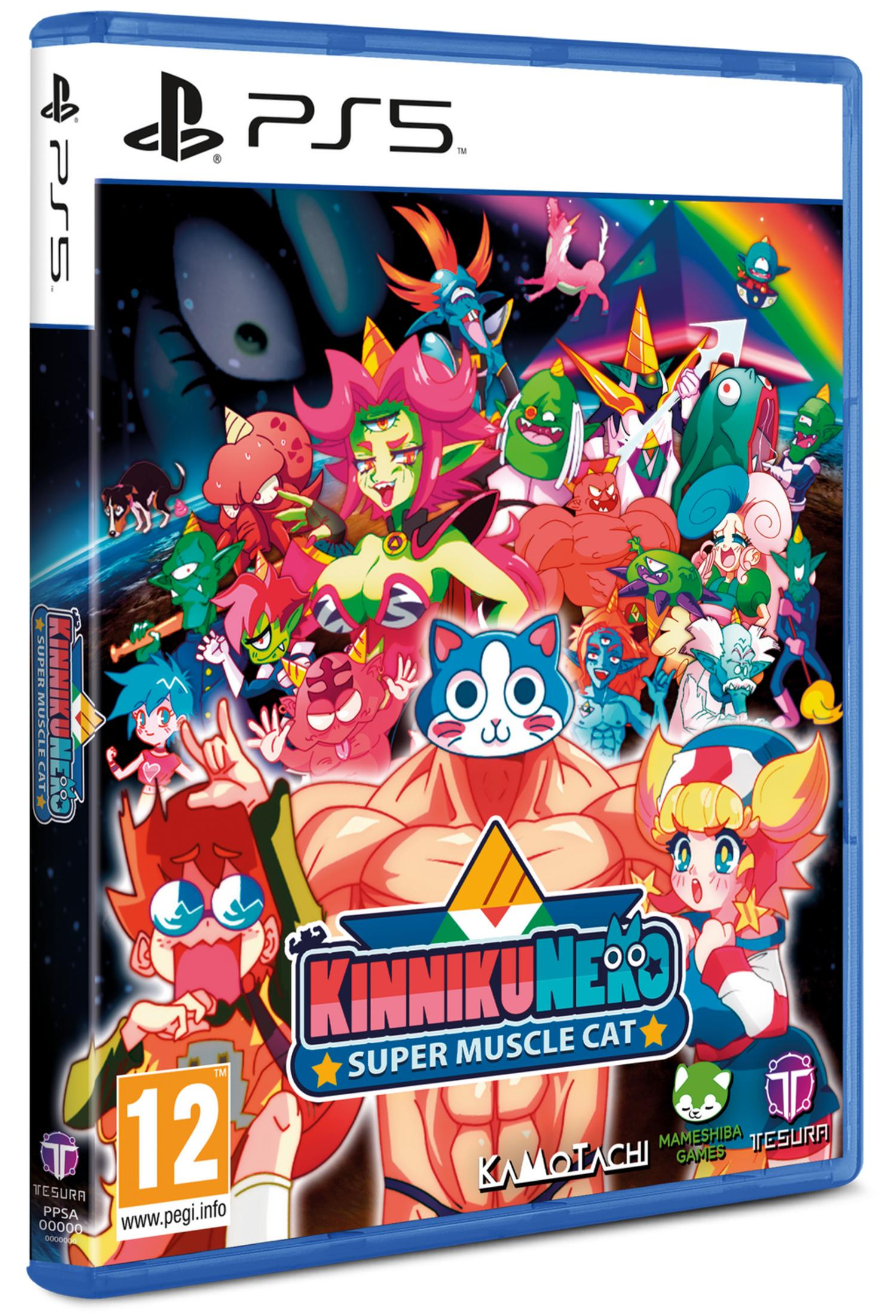 Custodia gioco PS5 con molti personaggi colorati dei cartoni animati, tra cui una persona gatto e un uomo muscoloso.