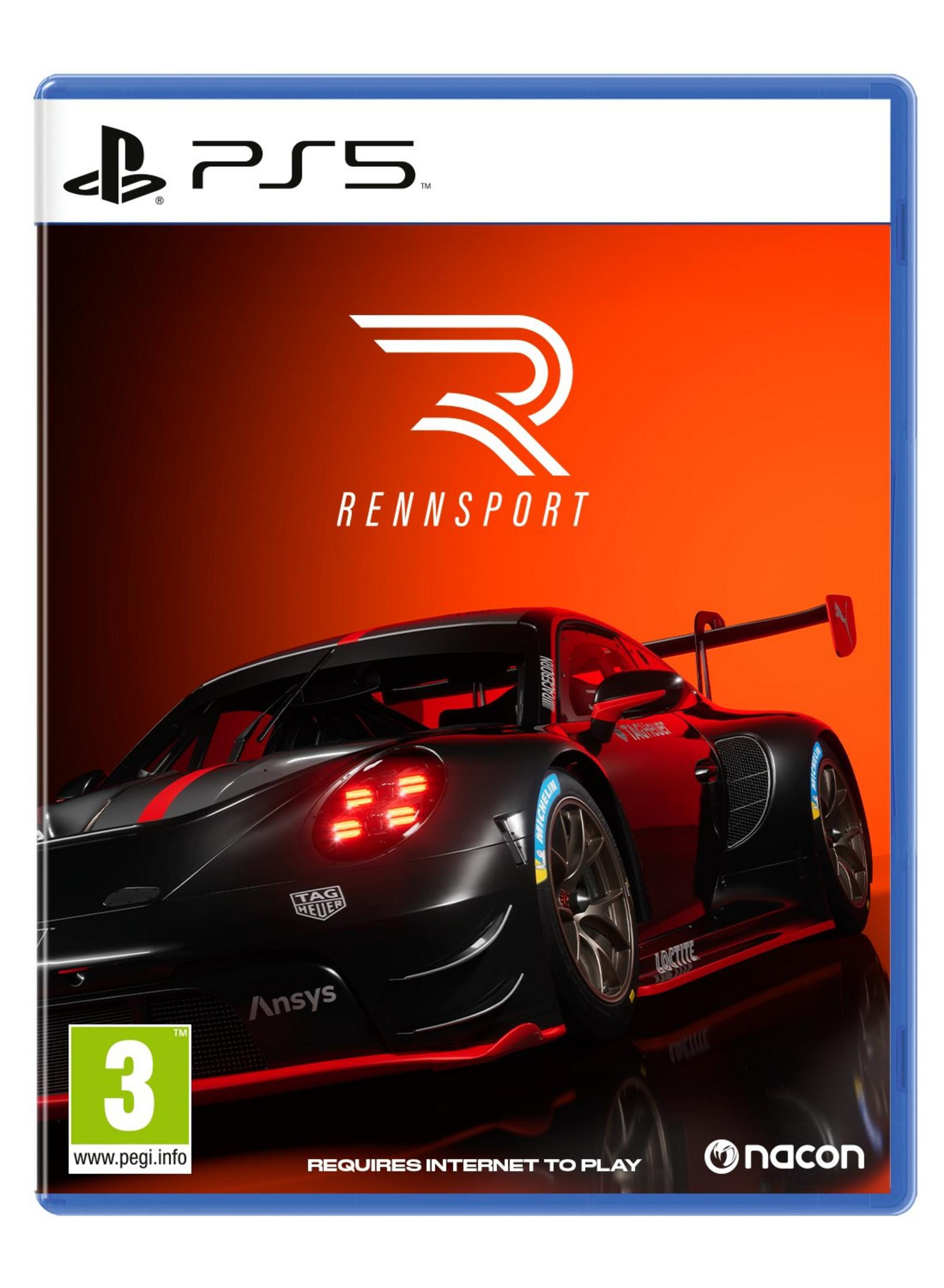 Portada del juego Rennsport para PS5 con coche de carreras negro, fondo rojo y logo PEGI 3.