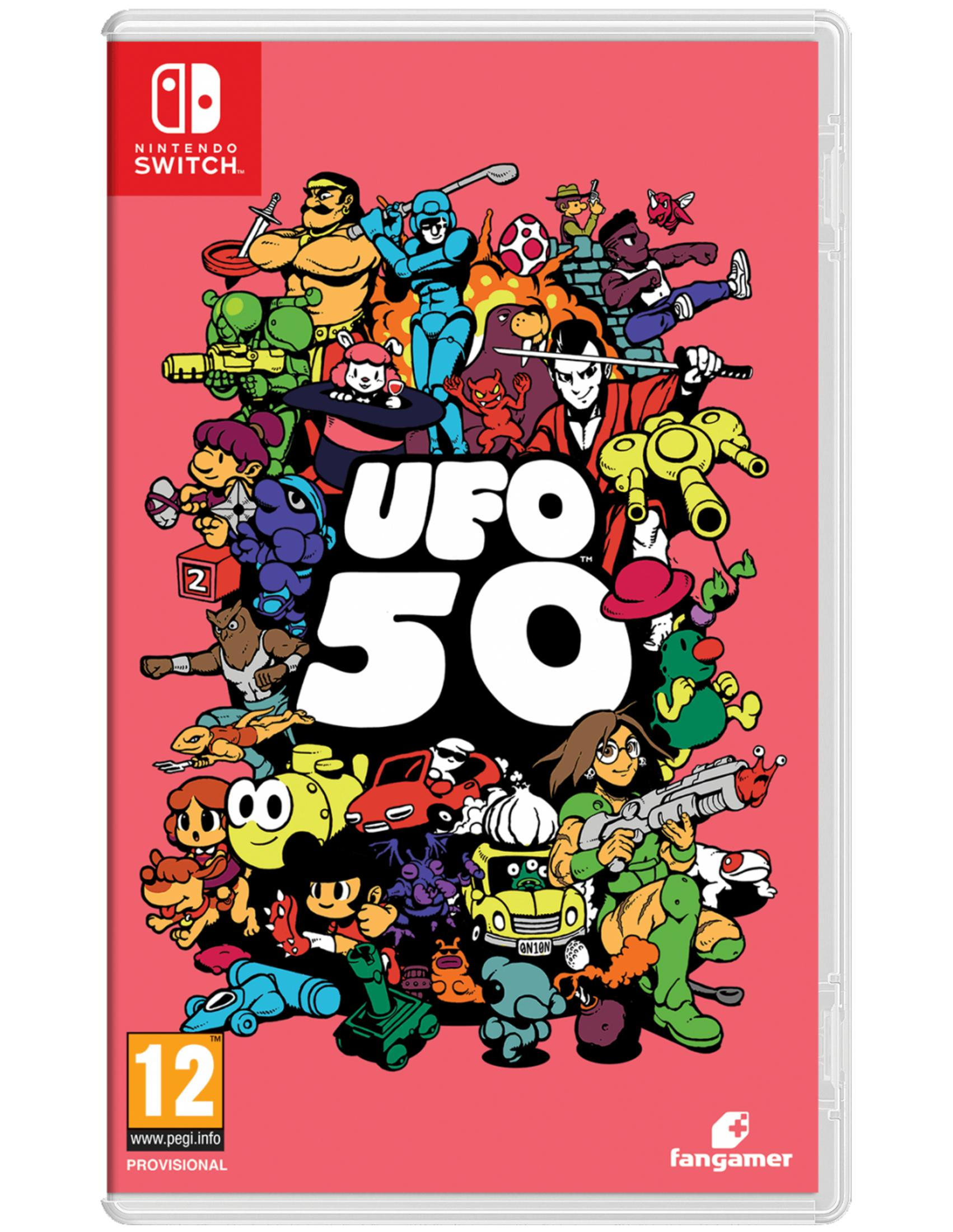 Copertina del gioco Nintendo Switch UFO 50, con personaggi retrò colorati e titolo.