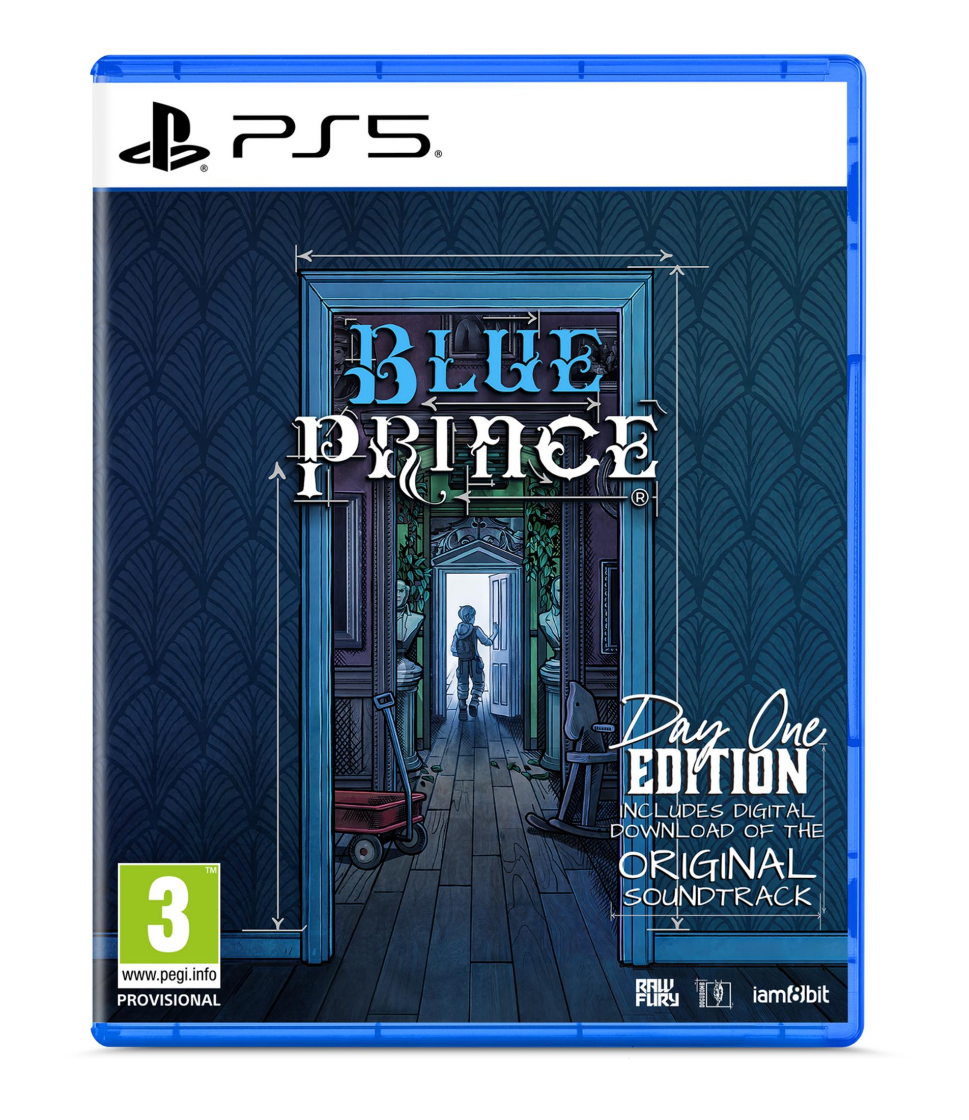 Custodia PS5 'Blue Prince: Day One Edition' con motivo scuro e ragazzo che attraversa una porta.