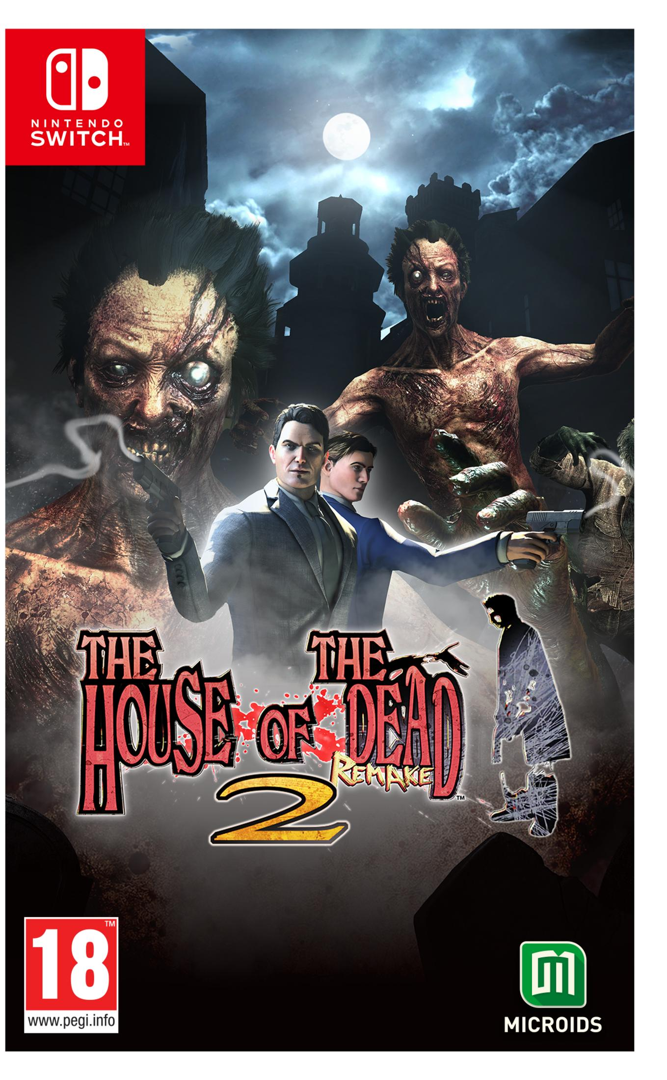 Un gioco per Nintendo Switch con zombi e due uomini davanti a un castello.