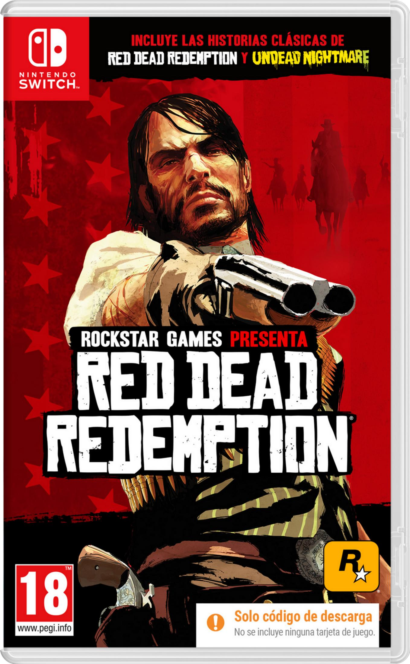 Copertina del gioco Red Dead Redemption per Nintendo Switch con un uomo e pistole su sfondo rosso.