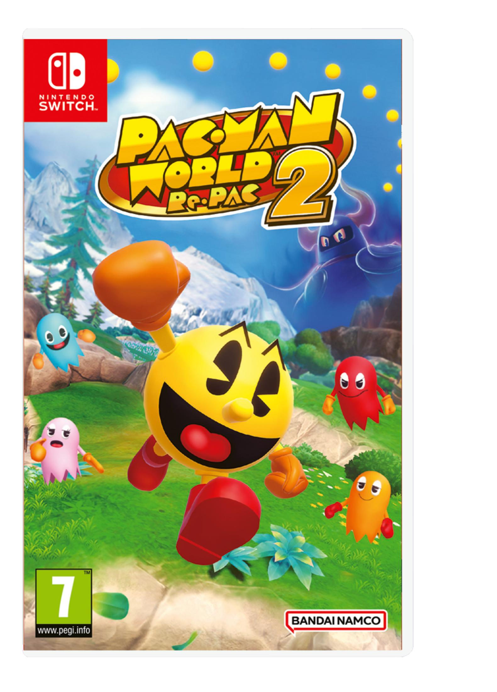 Copertina Pac-Man World 2 Re-Pac: Pac-Man con fantasmi su campo verde, logo Nintendo Switch.