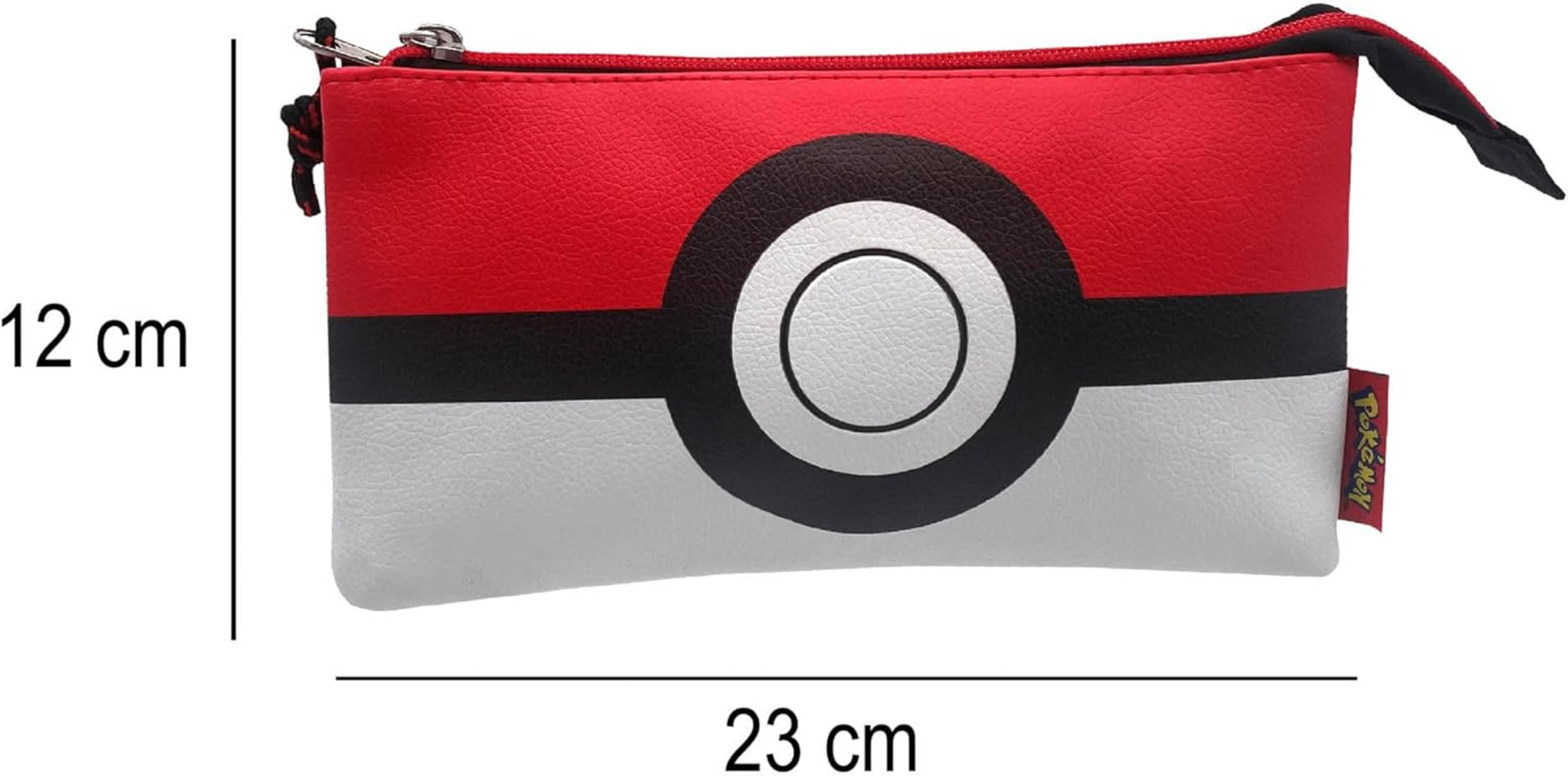 Un estuche rojo con diseño de Pokeball, 23x12 cm, con logo Pokémon.