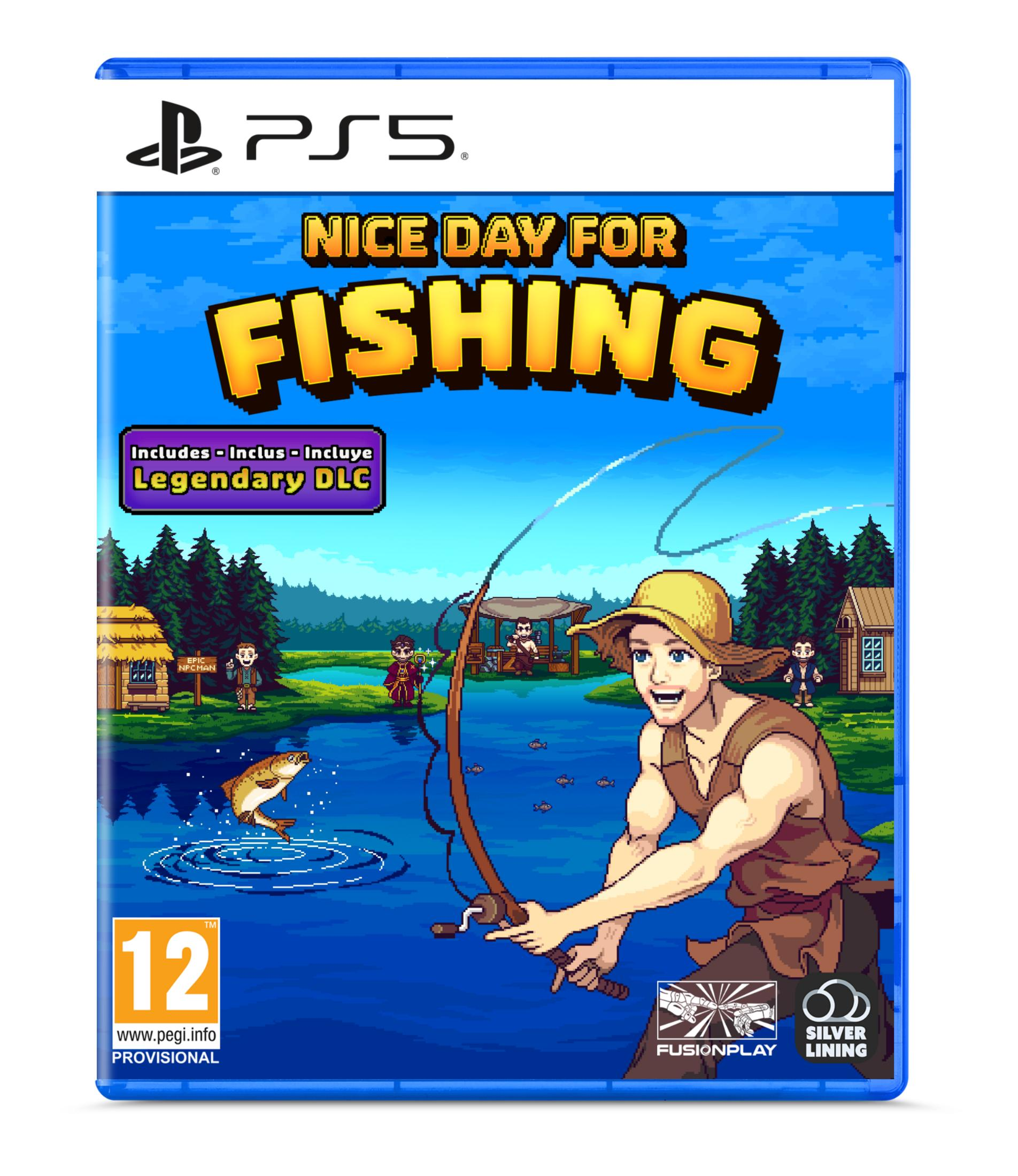 Un uomo con cappello pesca in un lago pixelato. Un pesce salta dall'acqua.