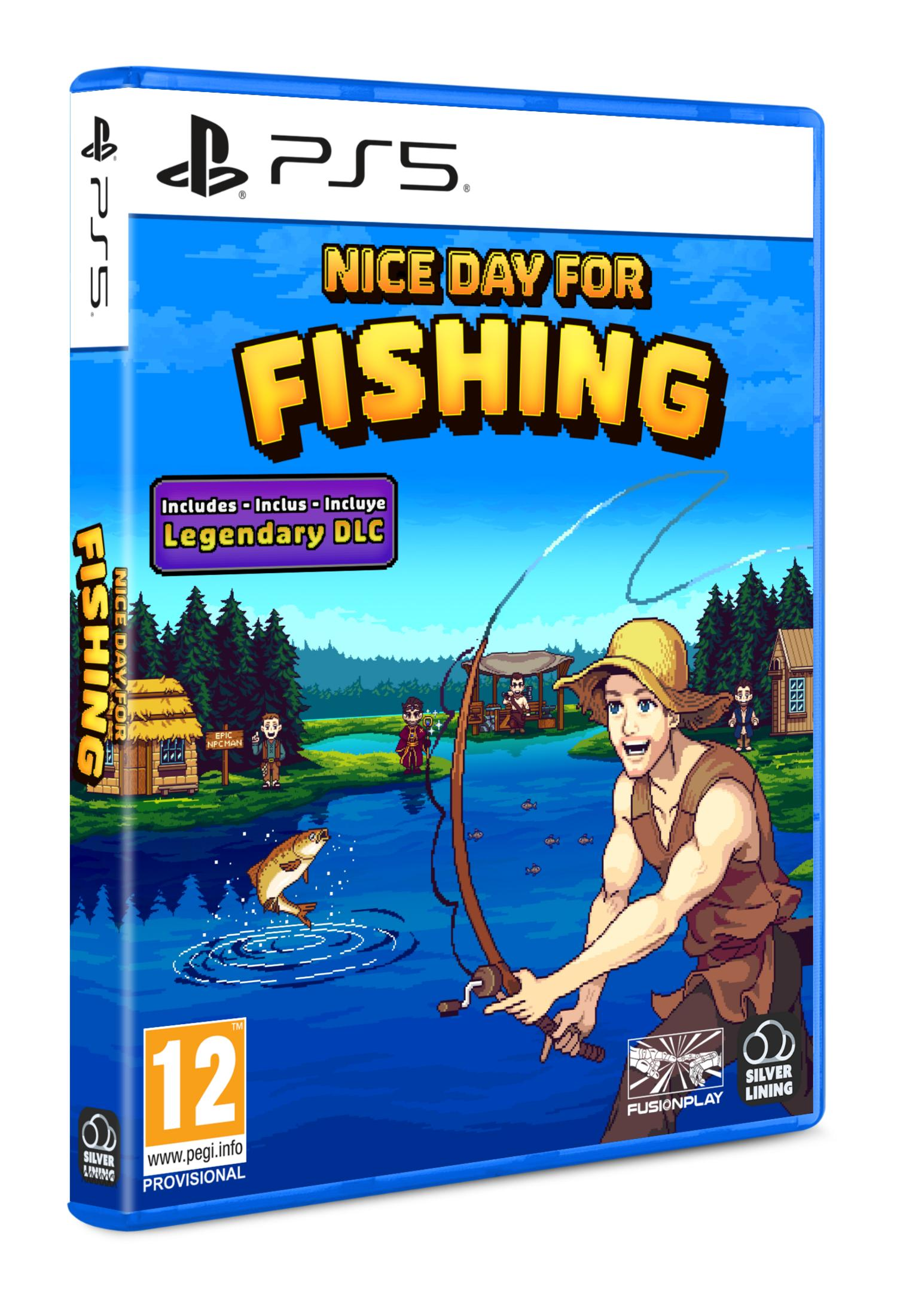 Copertina gioco PS5: Uomo con cappello pesca, pesce salta dall'acqua, scena pixelata.