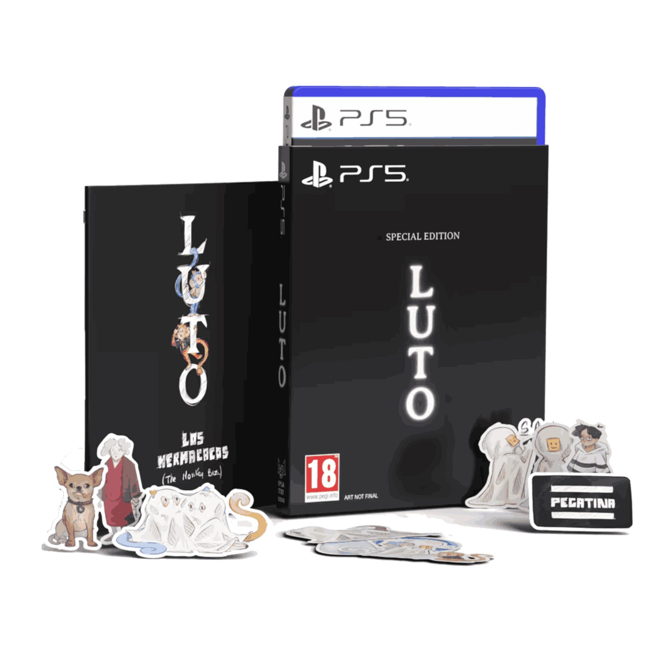 Scatola PS5 LUTO Edizione Speciale con gioco, adesivi: cane, fantasma, persone.