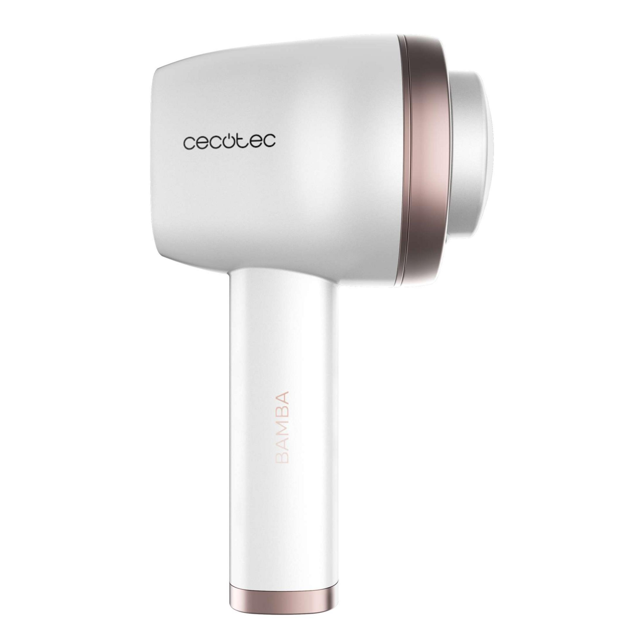 Un secador de pelo blanco con detalles en oro rosa y el logo de Cecotec.