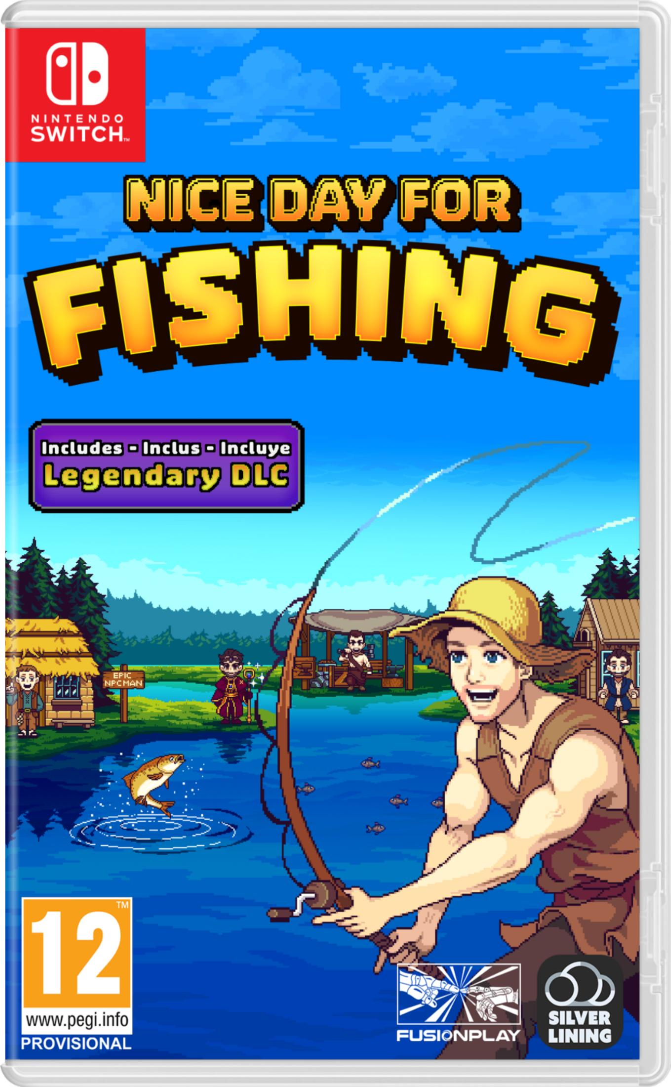 Un uomo con cappello pesca, un pesce salta dall'acqua. Nintendo Switch.