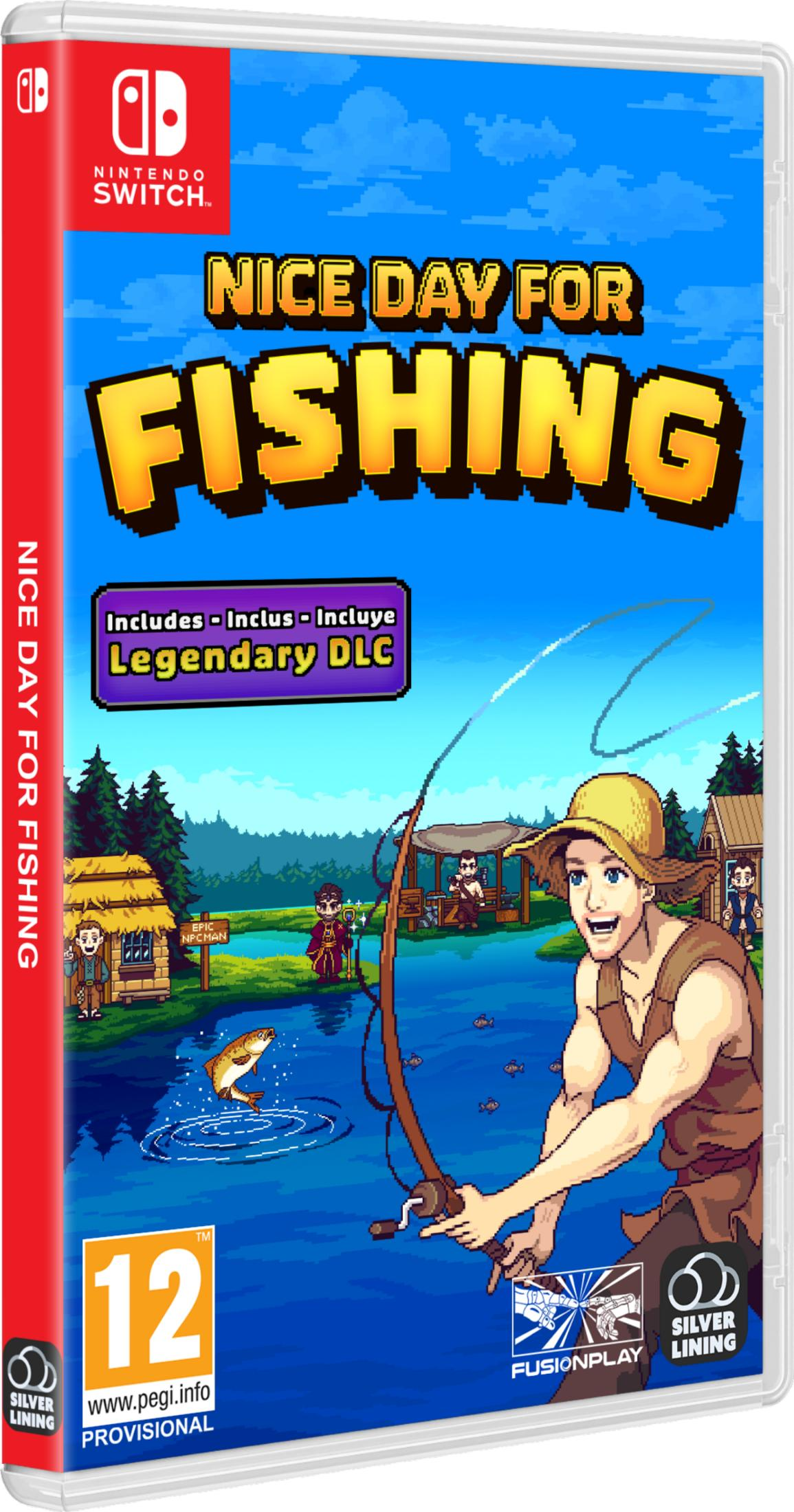 Copertina gioco Nintendo Switch 'Nice Day For Fishing' con pixel art di un uomo che pesca.