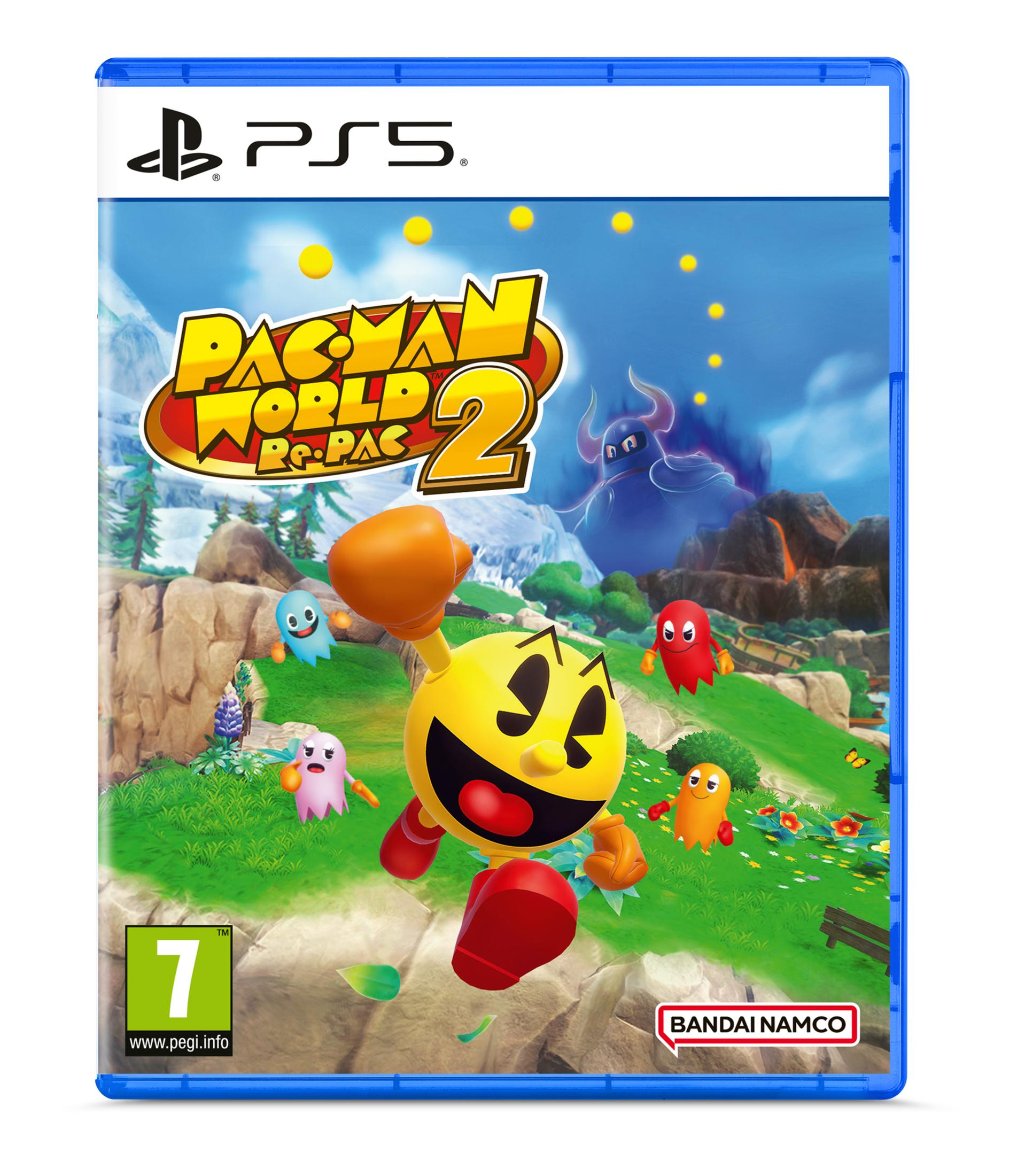 Copertina Pac-Man World Re-Pac PS5: Pac-Man, fantasmi e un fantasma viola su paesaggio montuoso.
