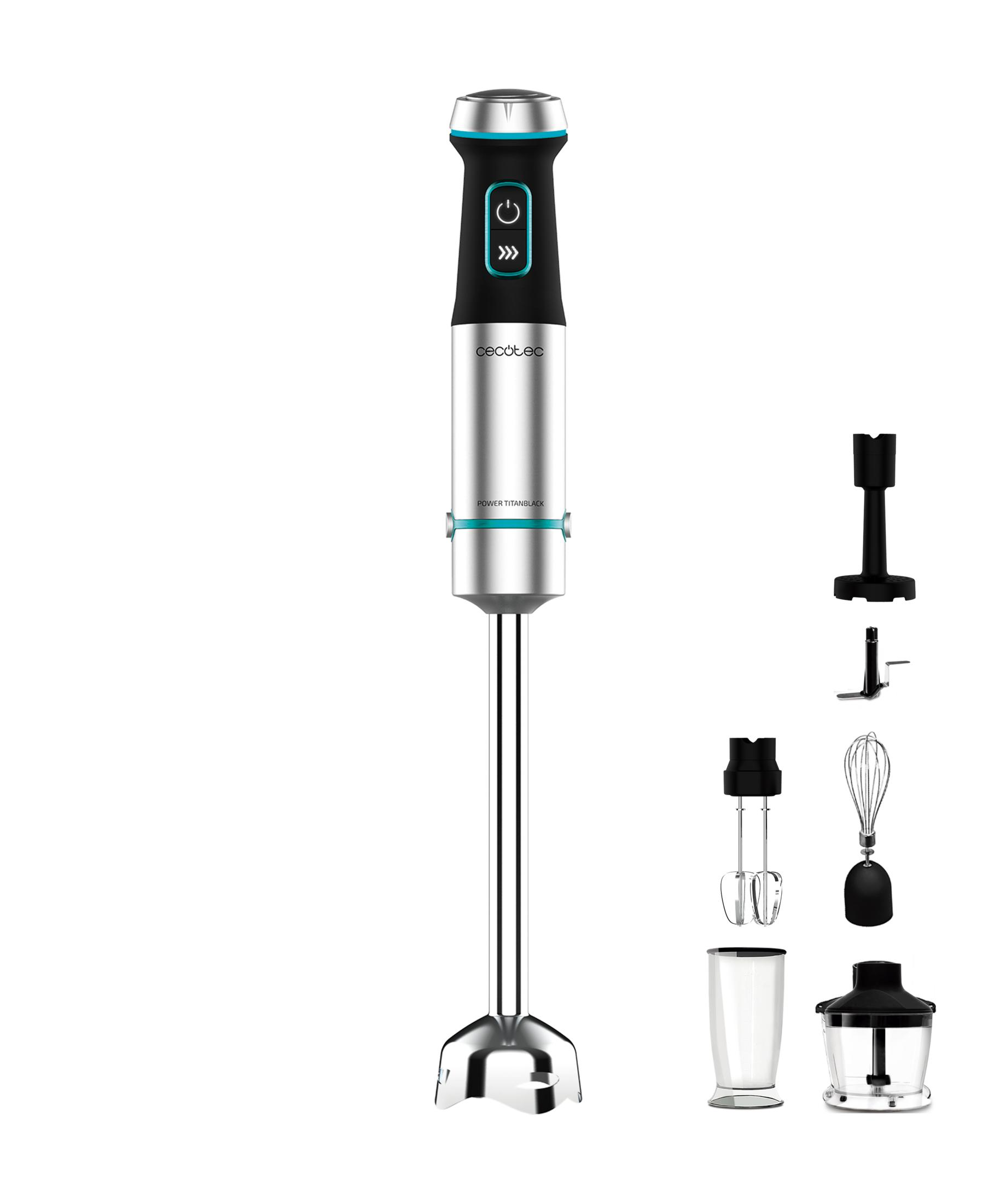 A stainless steel immersion blender with a black handle and accessories.