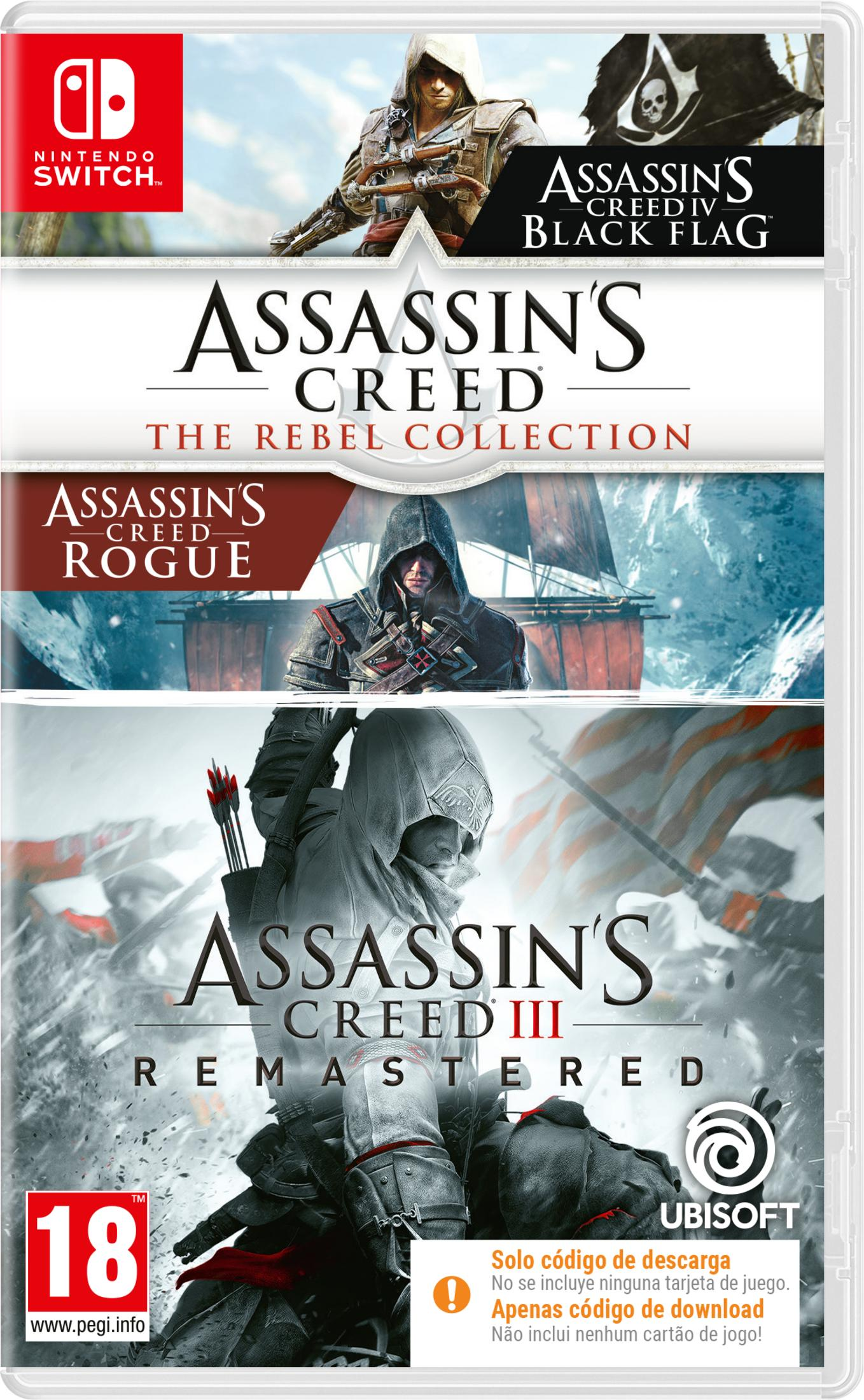 Okładka Nintendo Switch z Assassin's Creed Black Flag, Rebel Collection i III Remastered.