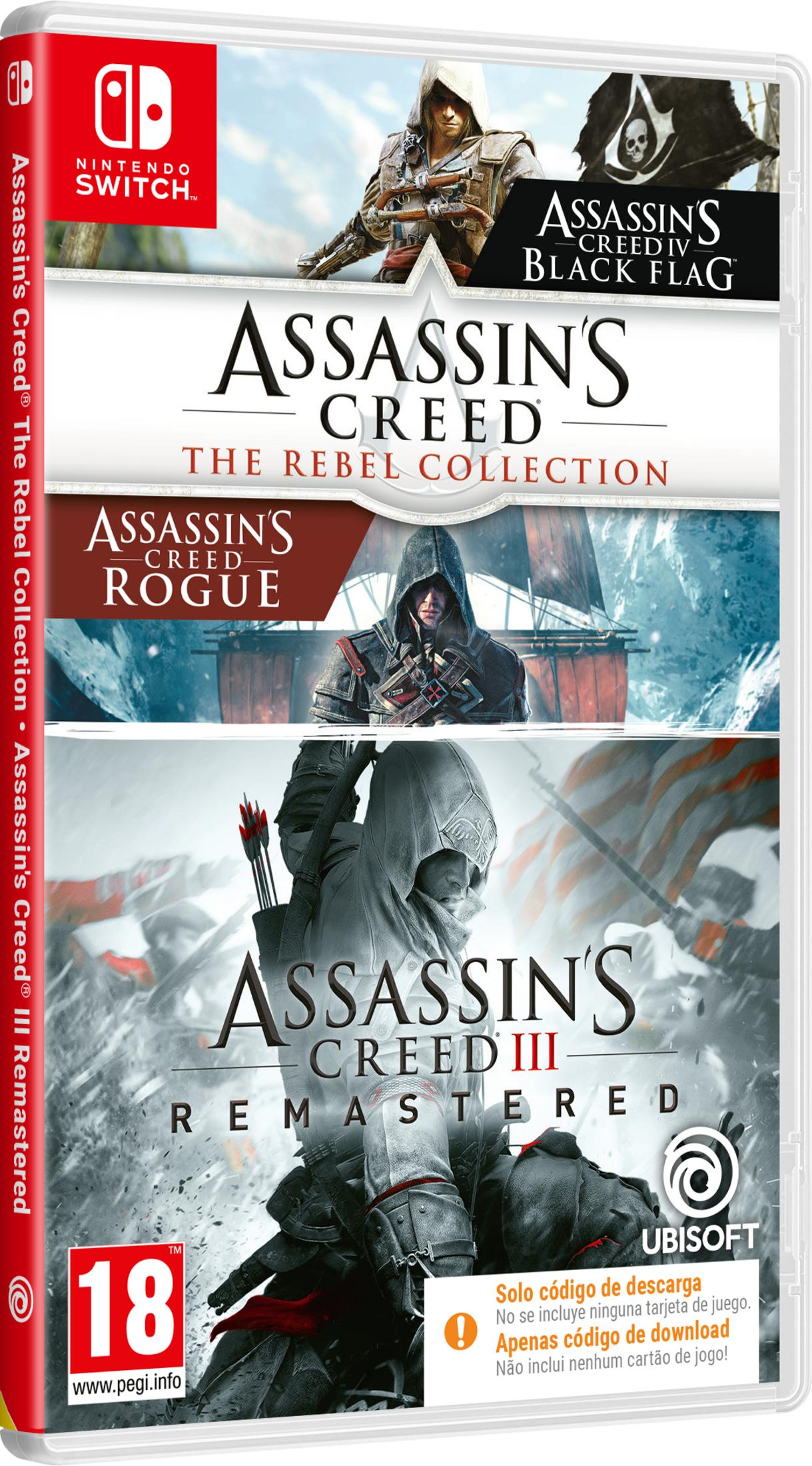 Etui na grę Nintendo Switch z Assassins Creed IV, Rogue i III Remastered.