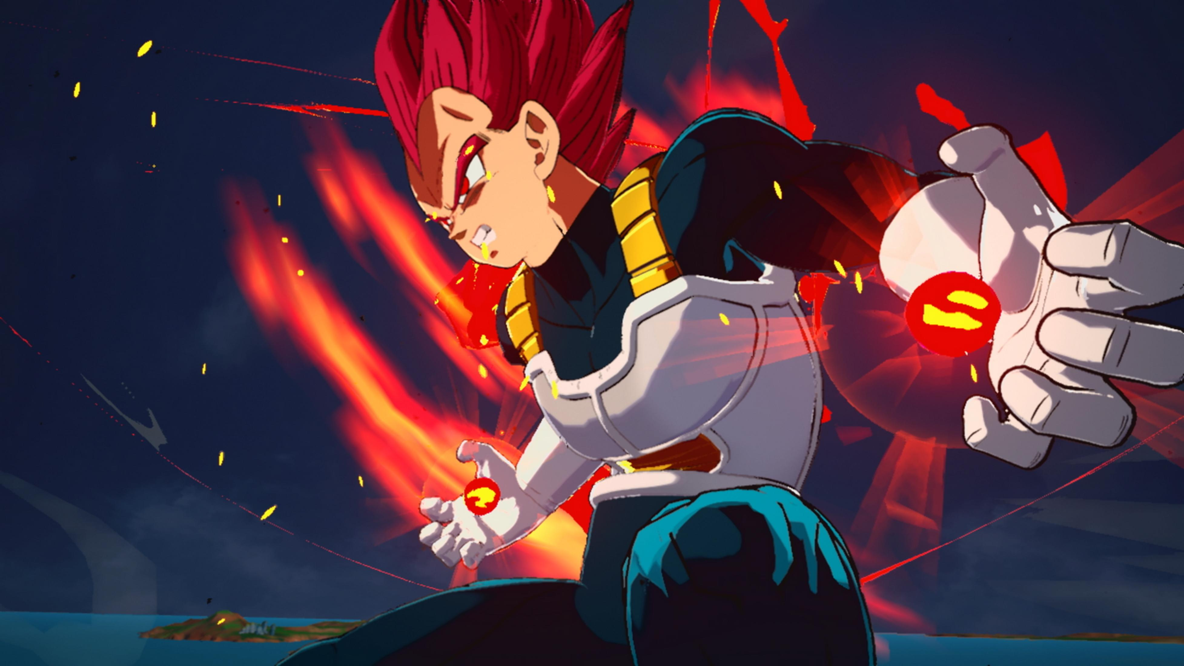 Vegeta con capelli rossi e armatura blu, tiene palle di energia.