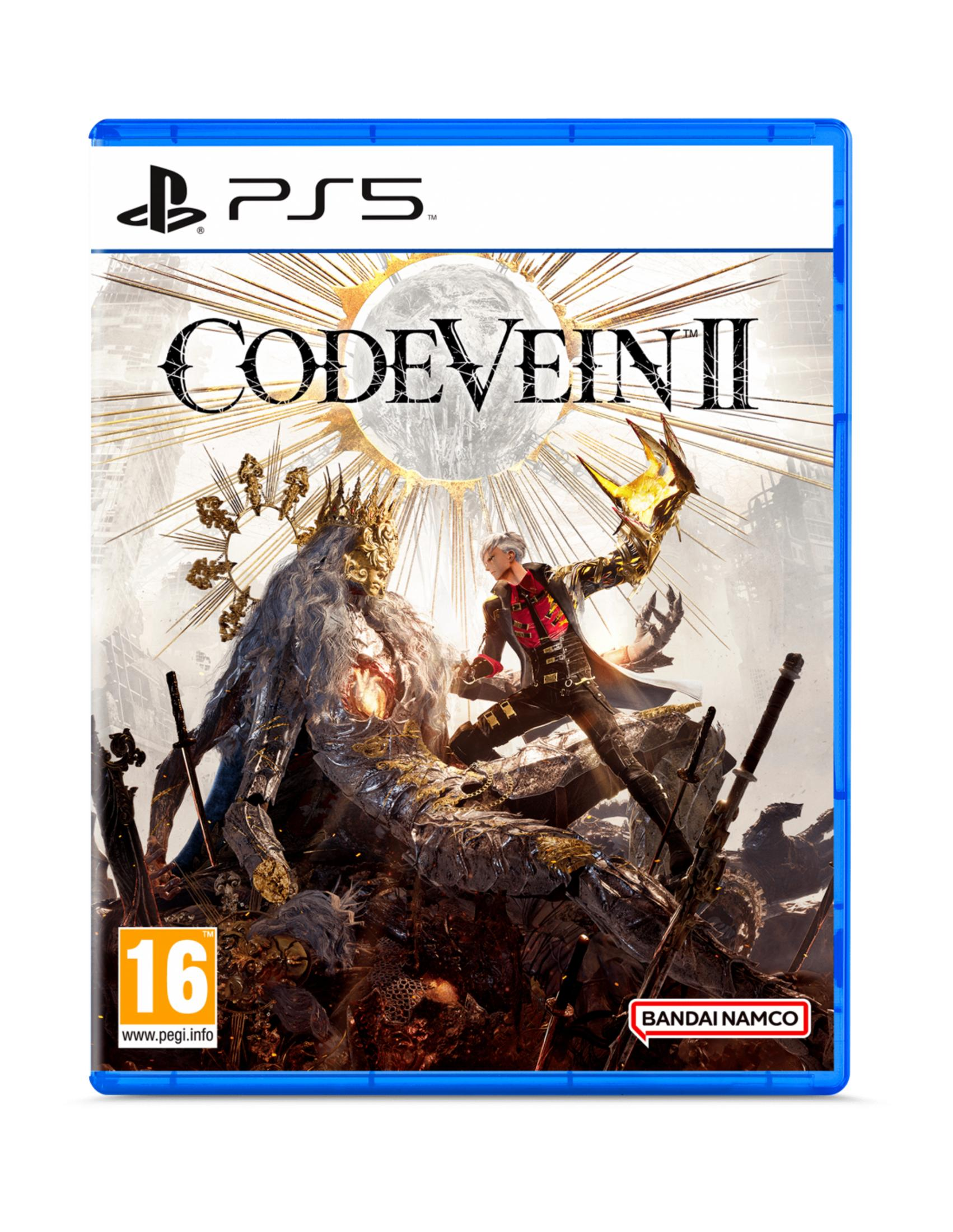 Copertina gioco PS5: Figura coronata affronta uomo con mano luminosa. Titolo 'CODE VEIN II'.