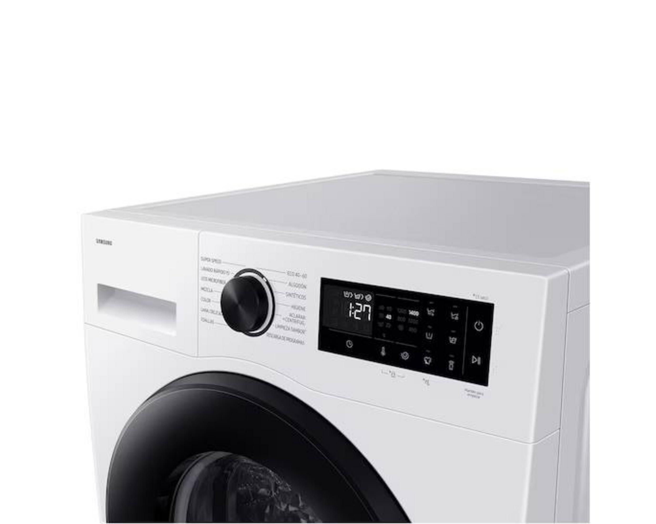 Lavatrice bianca con manopola nera e display digitale che mostra 1:27.