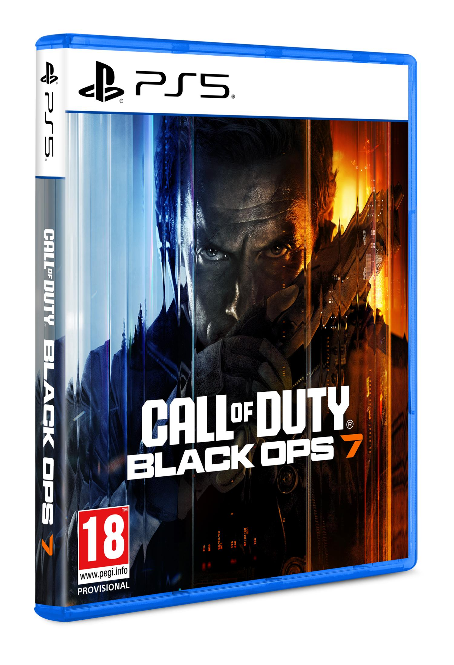 Custodia del gioco Call of Duty Black Ops 7 per PS5 con uomo e arma, età 18.