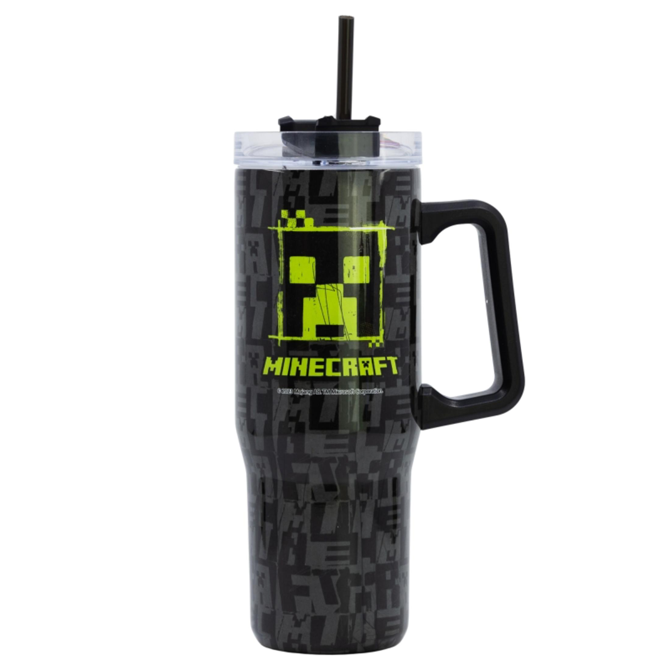 Vaso negro de Minecraft con Creeper, asa y pajita.