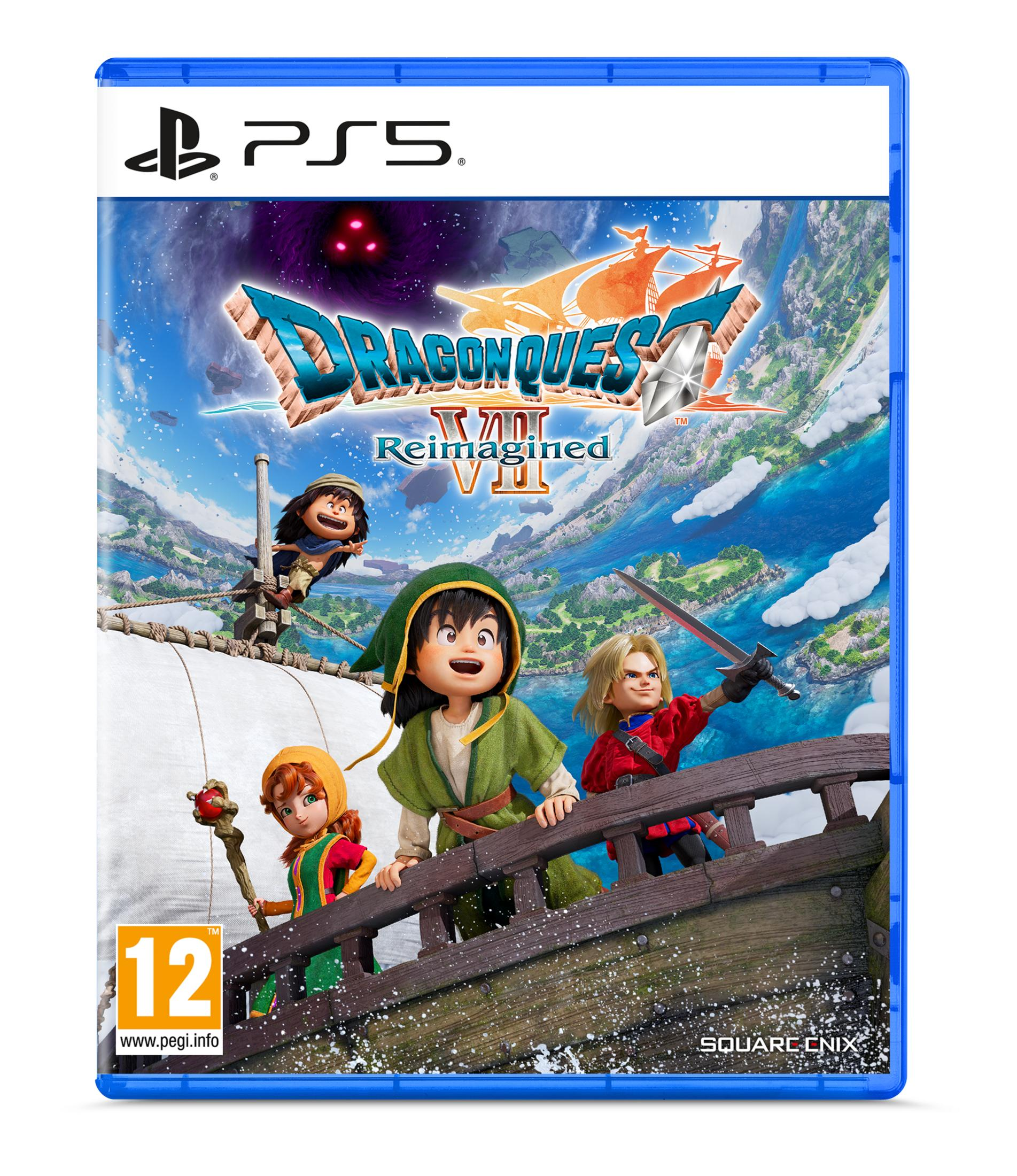 Copertina gioco PS5 Dragon Quest VII Reimagined con personaggi su ponte di legno, mare e isole sullo sfondo.