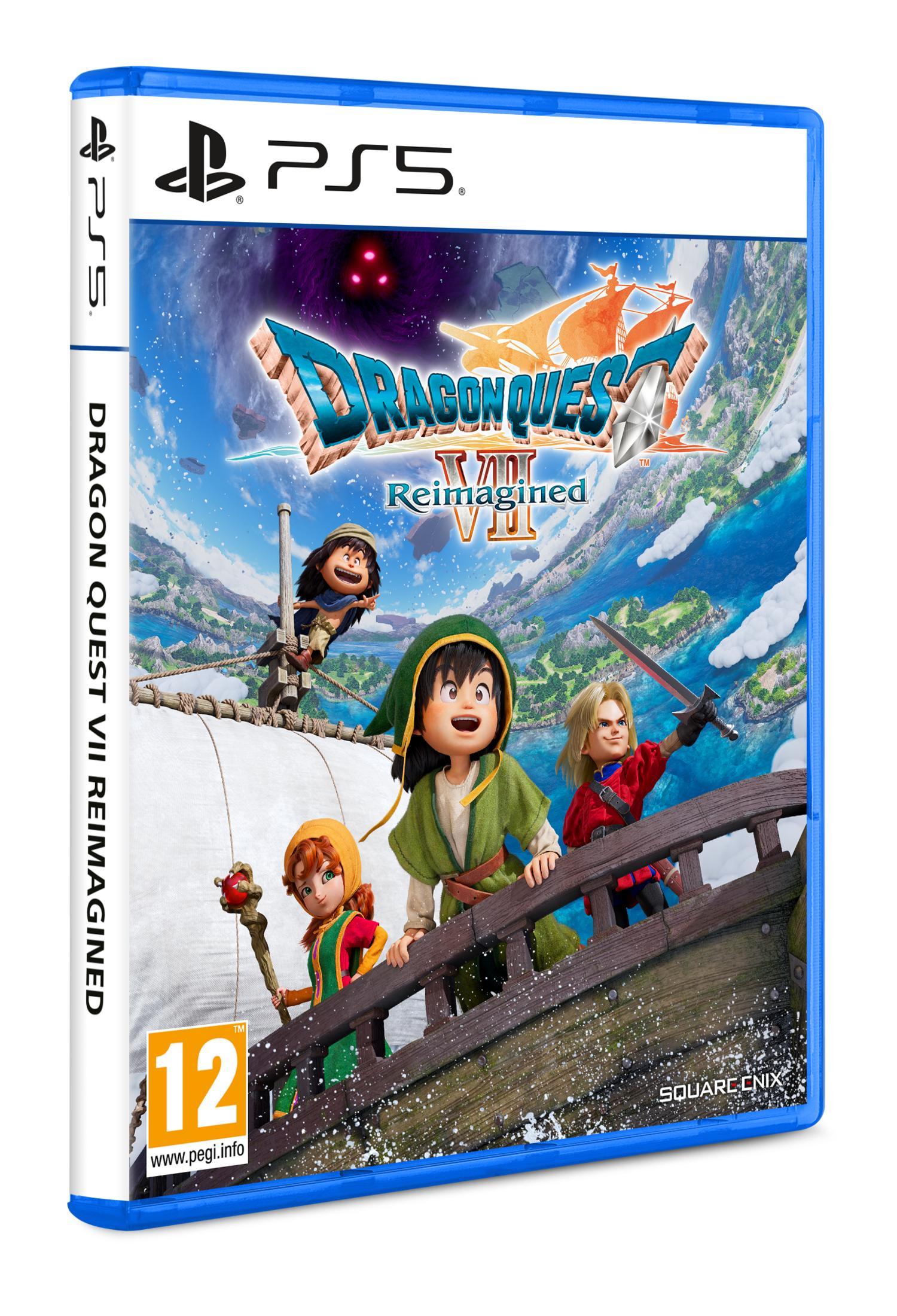 Custodia gioco PS5 per Dragon Quest VII: Personaggi su una nave davanti a un mondo insulare.