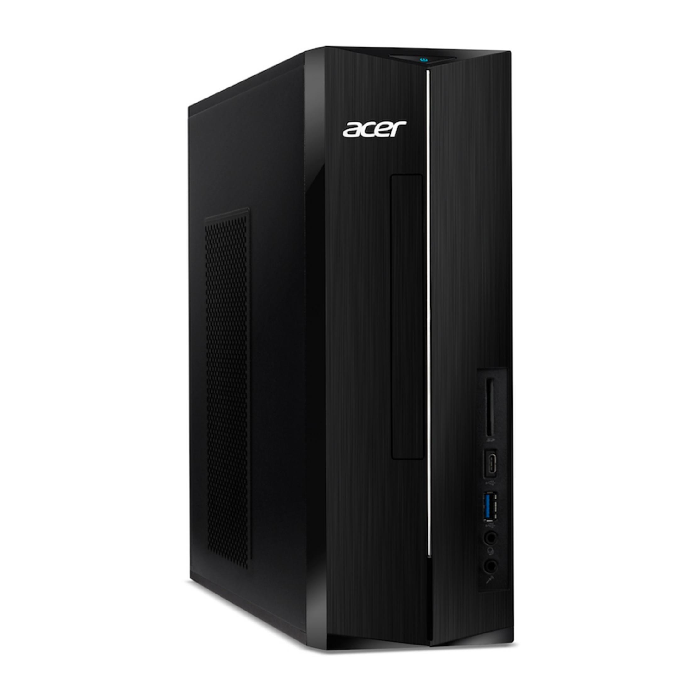 PC de escritorio Acer negro con panel frontal cepillado y puertos.