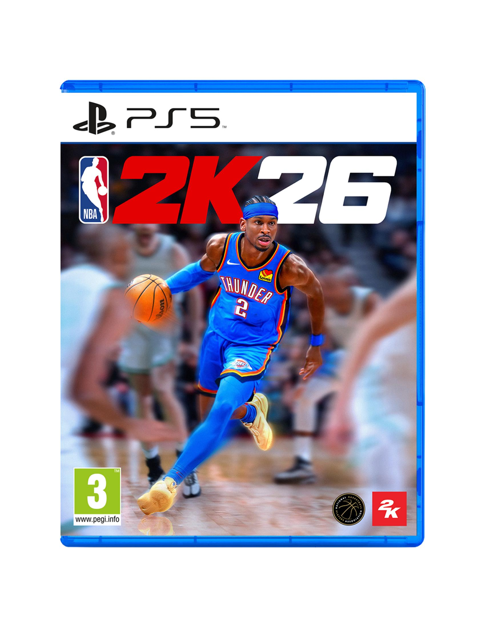 Copertina gioco NBA 2K26 PS5 con giocatore in maglia blu che palleggia.