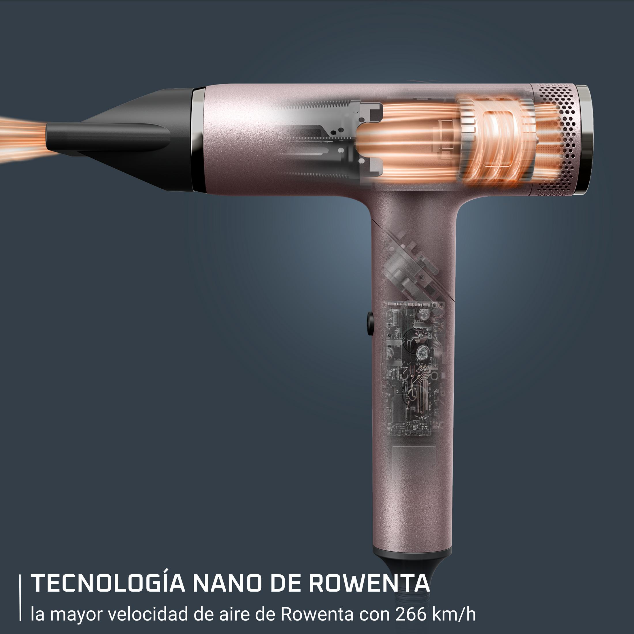 Un asciugacapelli traslucido che mostra la tecnologia interna e il flusso d'aria.