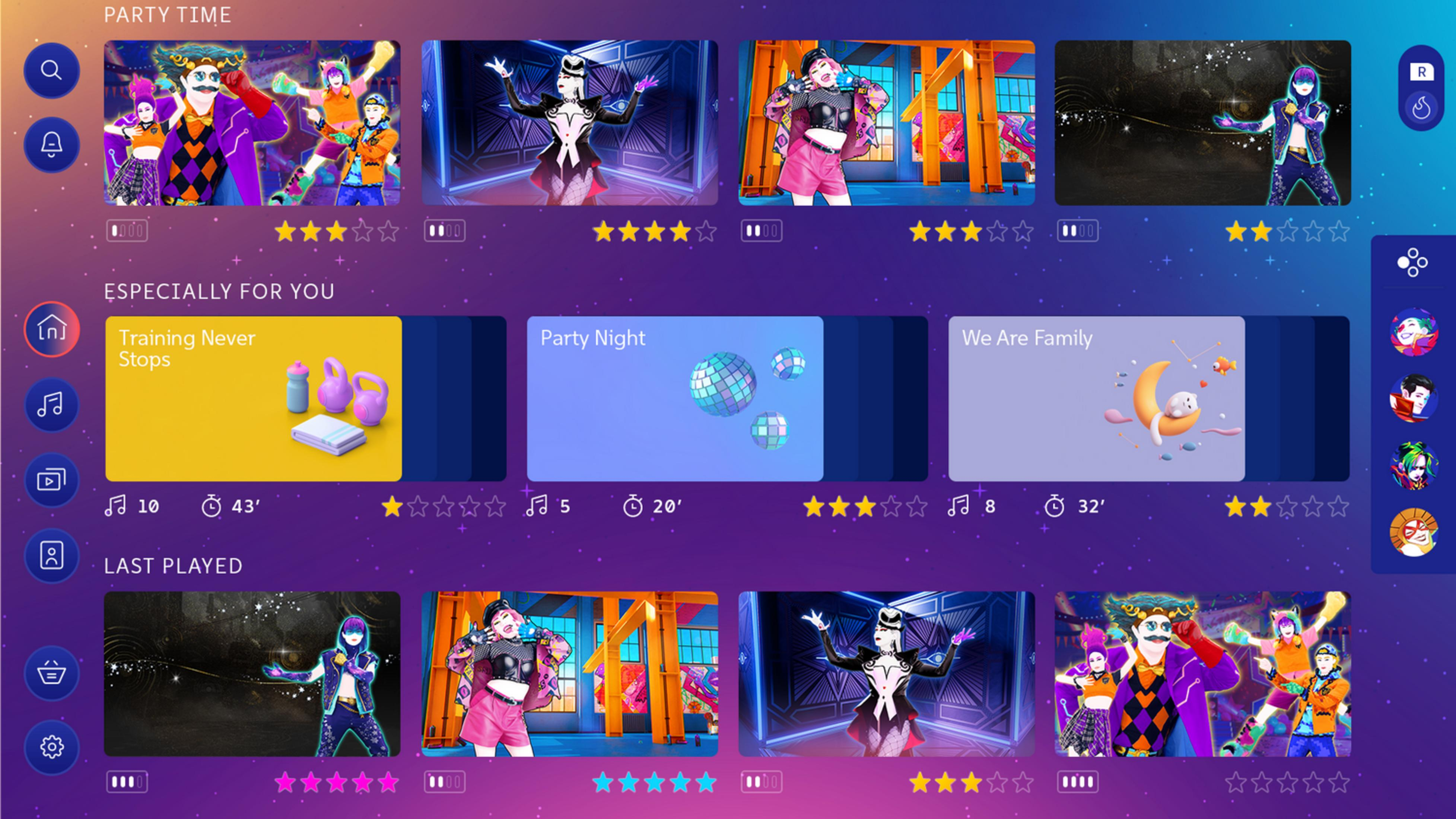 Uno schermo colorato che mostra menu di giochi di ballo e arte dei personaggi.