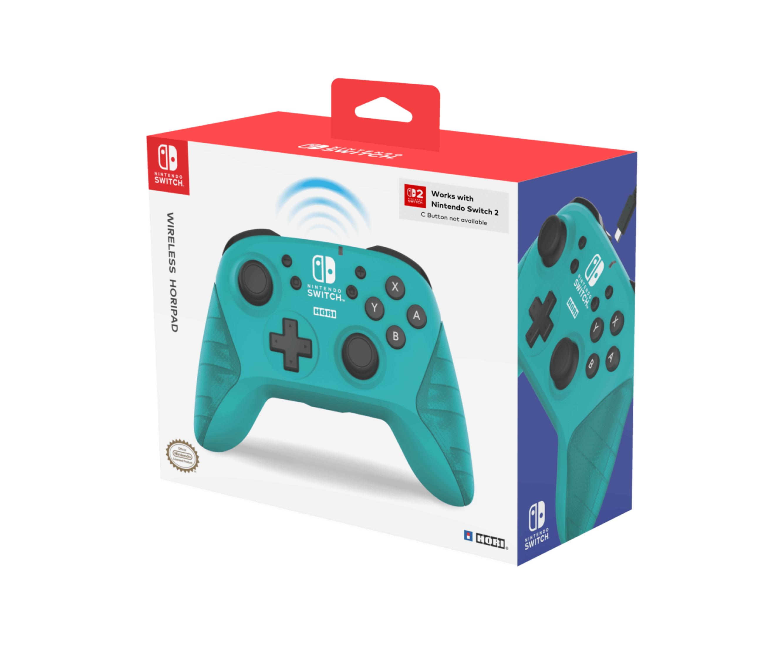 Controlador HORIPAD turquesa de Nintendo Switch en embalaje rojo y azul.