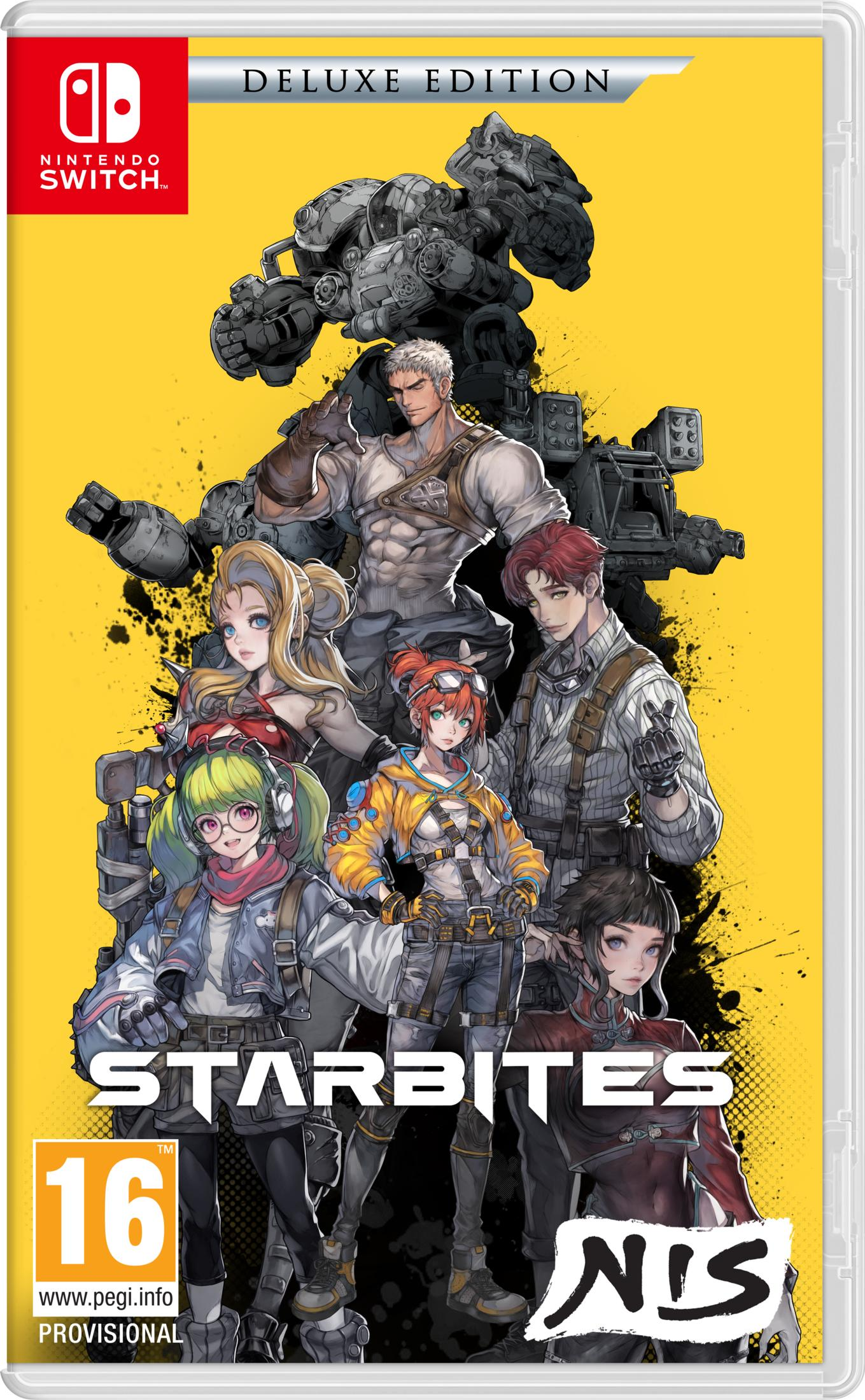 Copertina gioco Nintendo Switch con 7 personaggi e un mech su sfondo giallo.