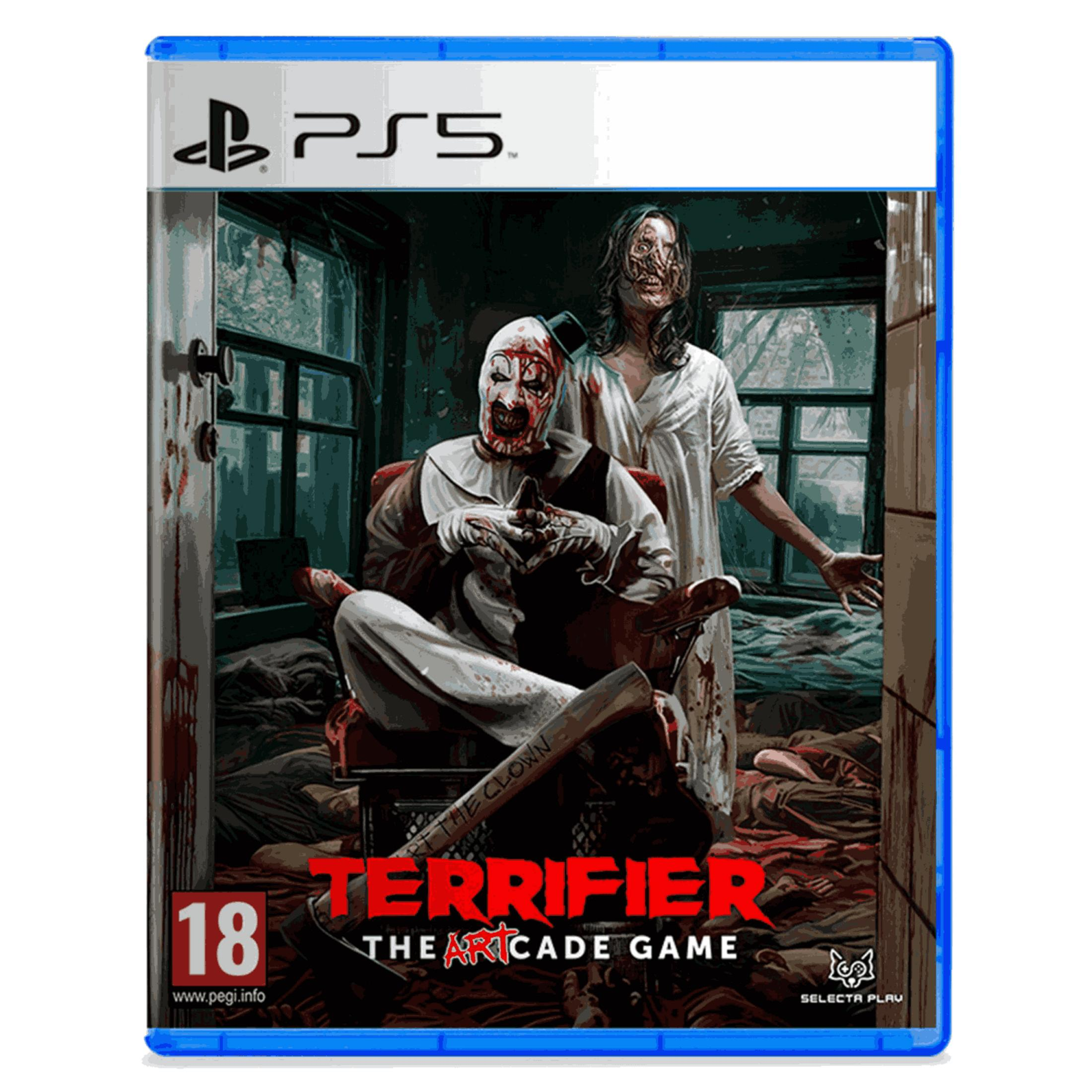 Copertina del gioco PlayStation 5: Un clown spaventoso e una donna in una stanza insanguinata.