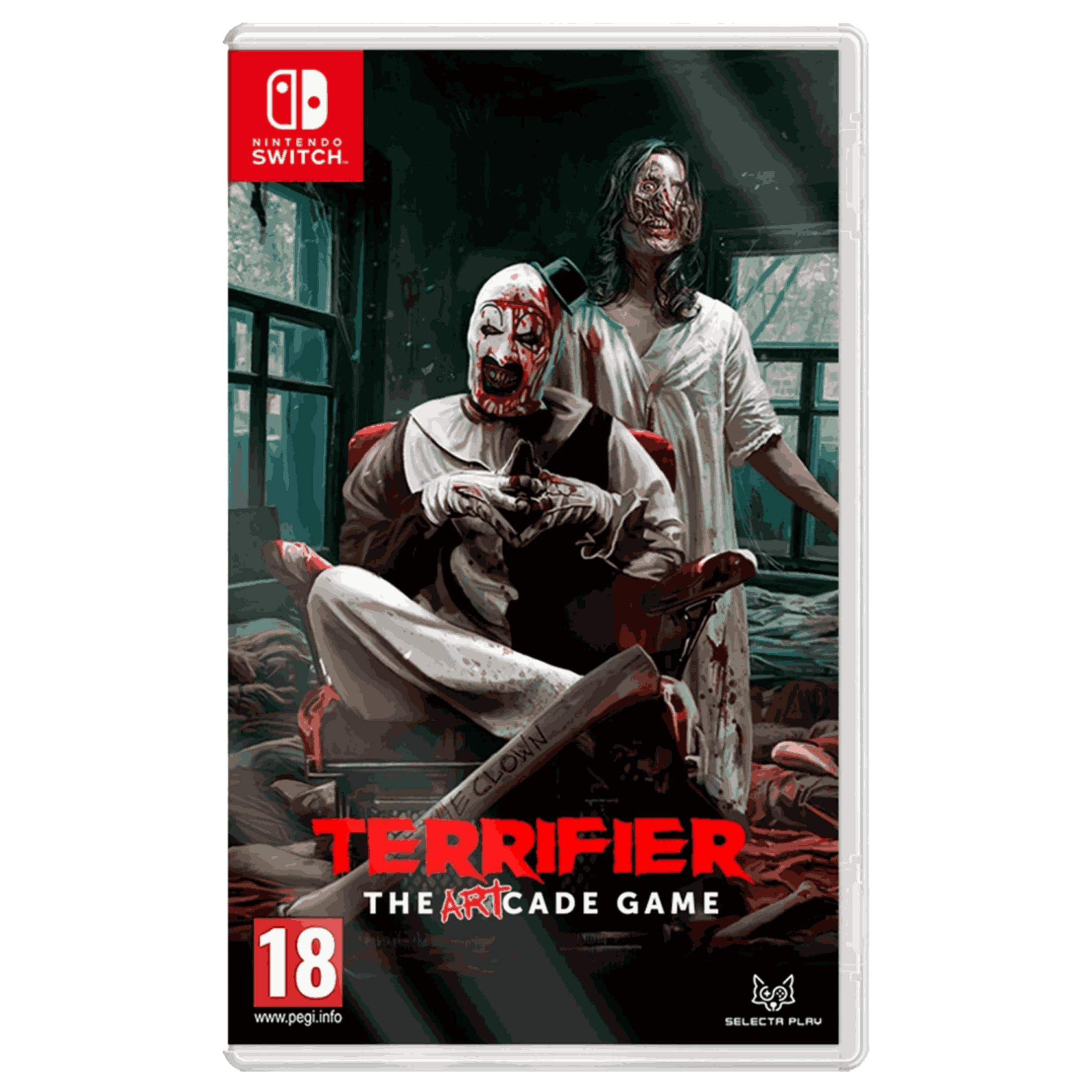Copertina gioco Nintendo Switch. Un clown siede su una sedia, una donna insanguinata è dietro di lui.