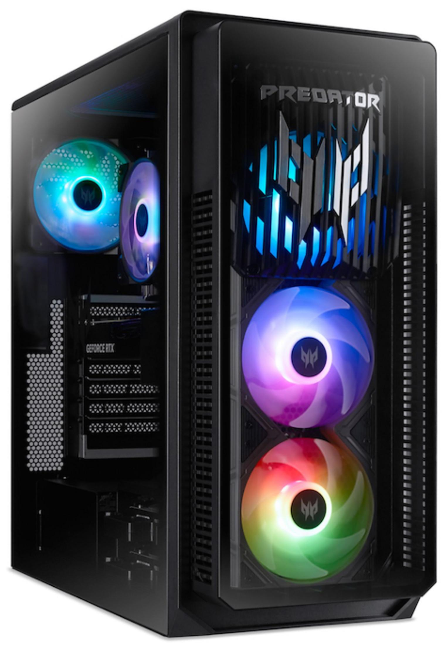 PC para juegos negro con ventiladores iluminados y logo Predator.