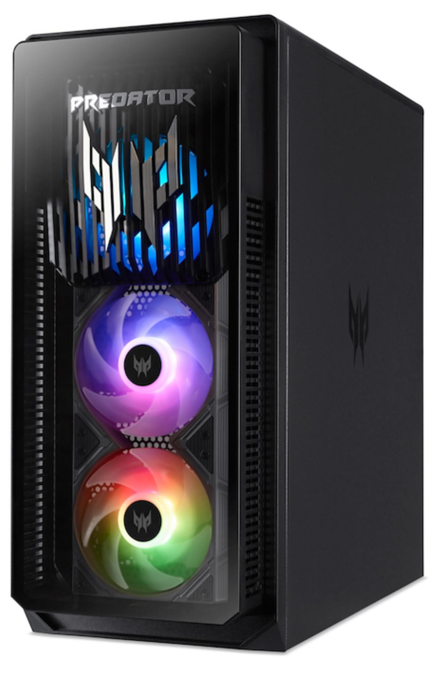 Torre de PC negra con logo "Predator", luces azules y dos ventiladores RGB coloridos.
